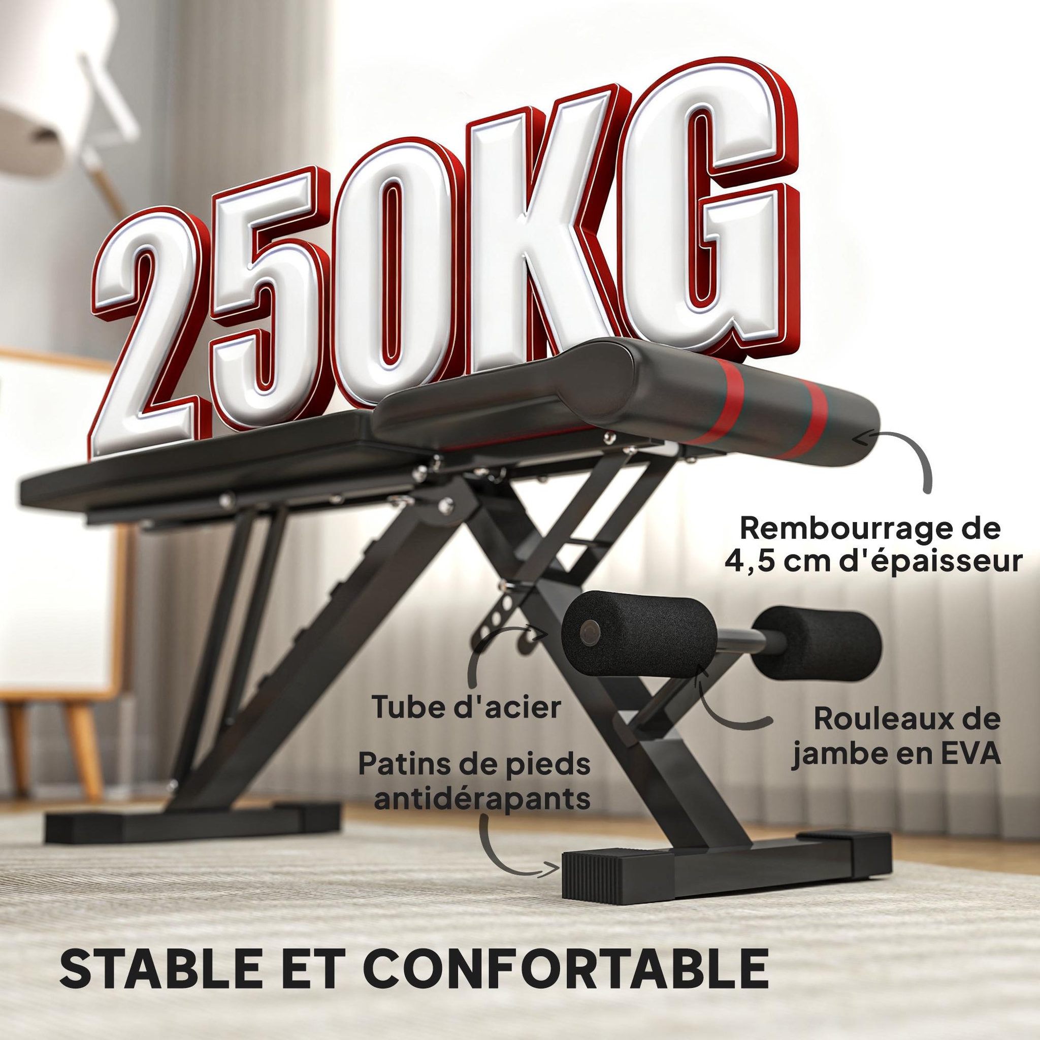 Voir la diapositive 6 : HOMCOM Banc de musculation pliable inclinable charge max. 230 kg rouge noir
