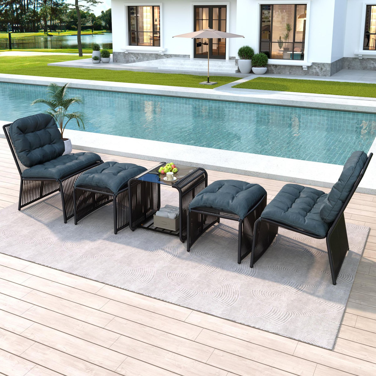 MERAX Salon de jardin 2 places avec table, fauteuils et tabourets, noir gris