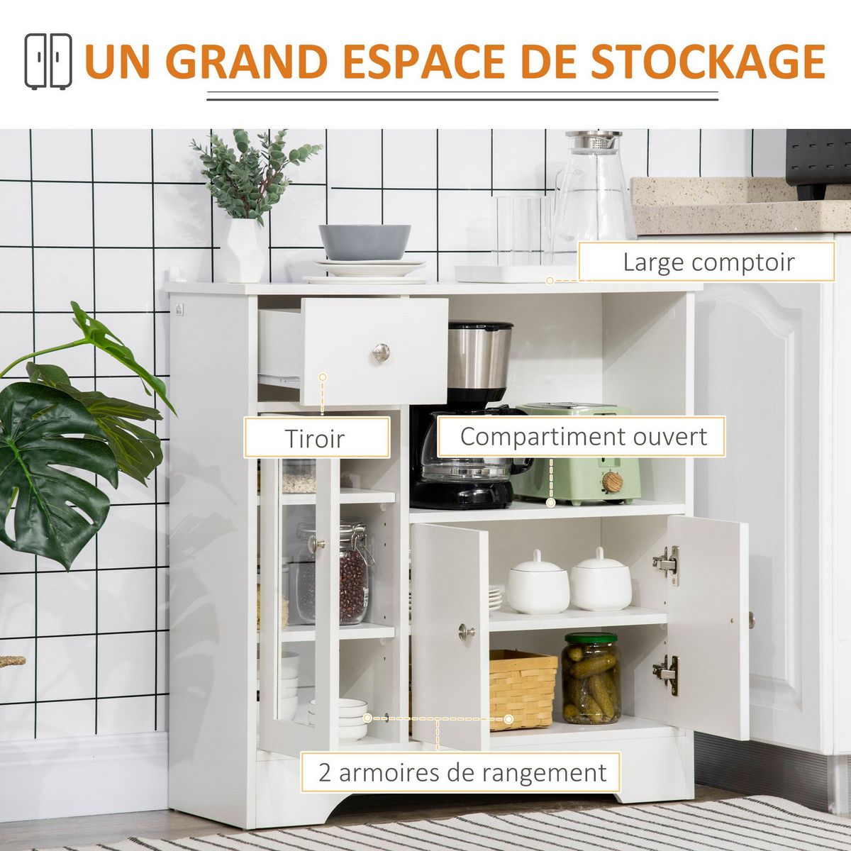 HOMCOM Buffet de cuisine meuble de rangement moderne avec porte en verre, tiroir, grande niche et étagères réglables, 80 x 30 x 82 cm, blanc