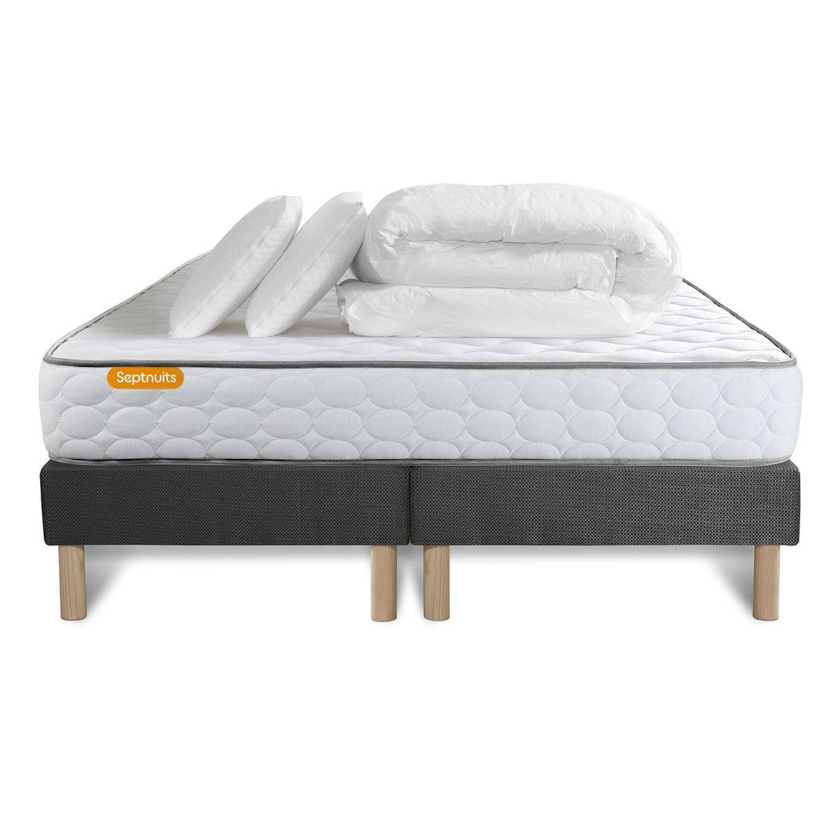 SEPTNUITS Pack matelas Memo + double sommiers gris + 2 oreillers mémoire de forme
