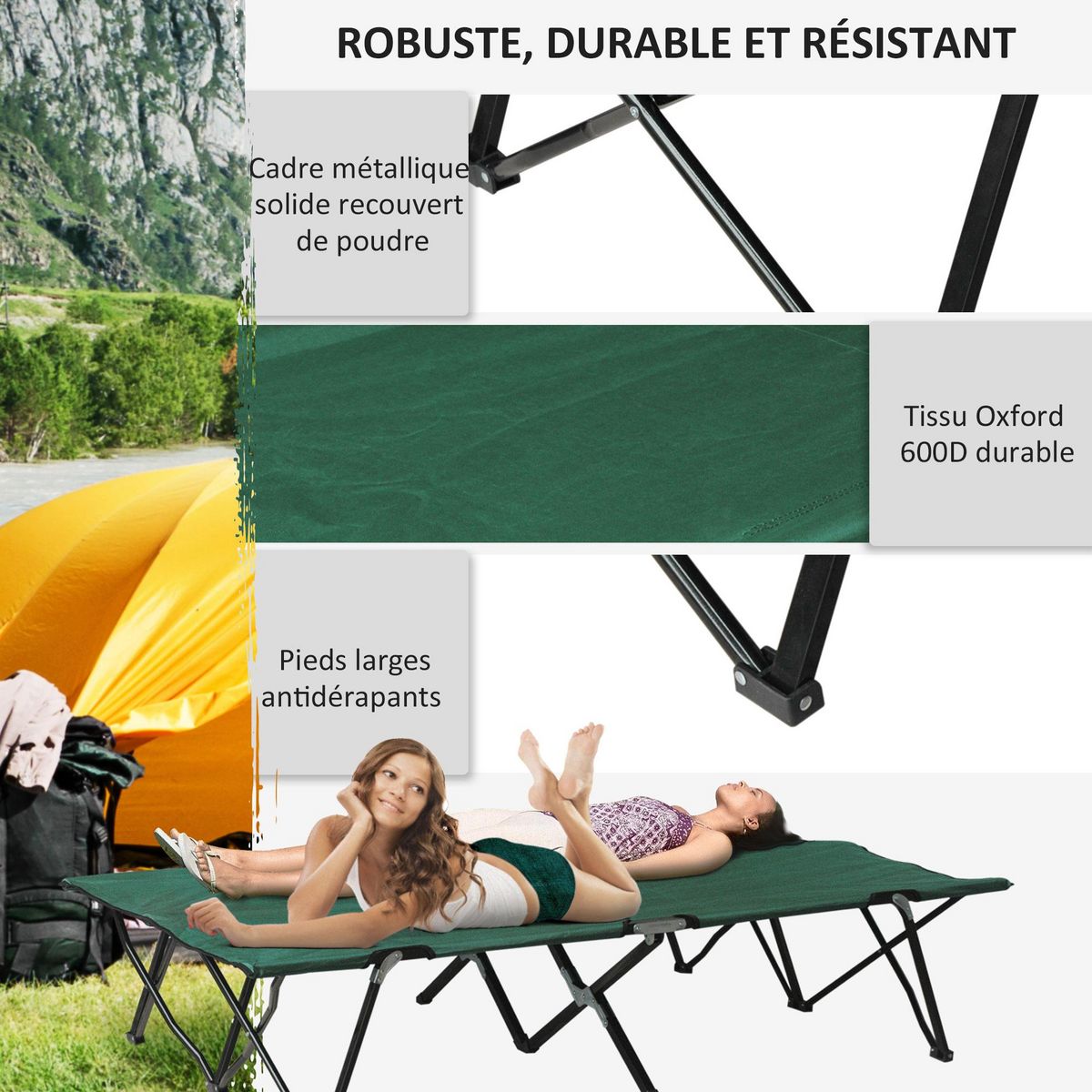 OUTSUNNY Lit de camp pliable double 193 x 125 x 40 cm avec sac de transport métal noir polyester Oxford vert