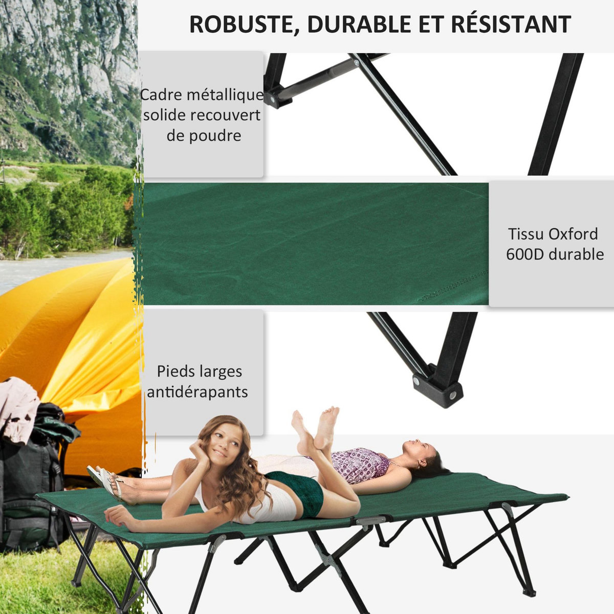 OUTSUNNY Lit de camp pliable double 193 x 125 x 40 cm avec sac de transport métal noir polyester Oxford vert