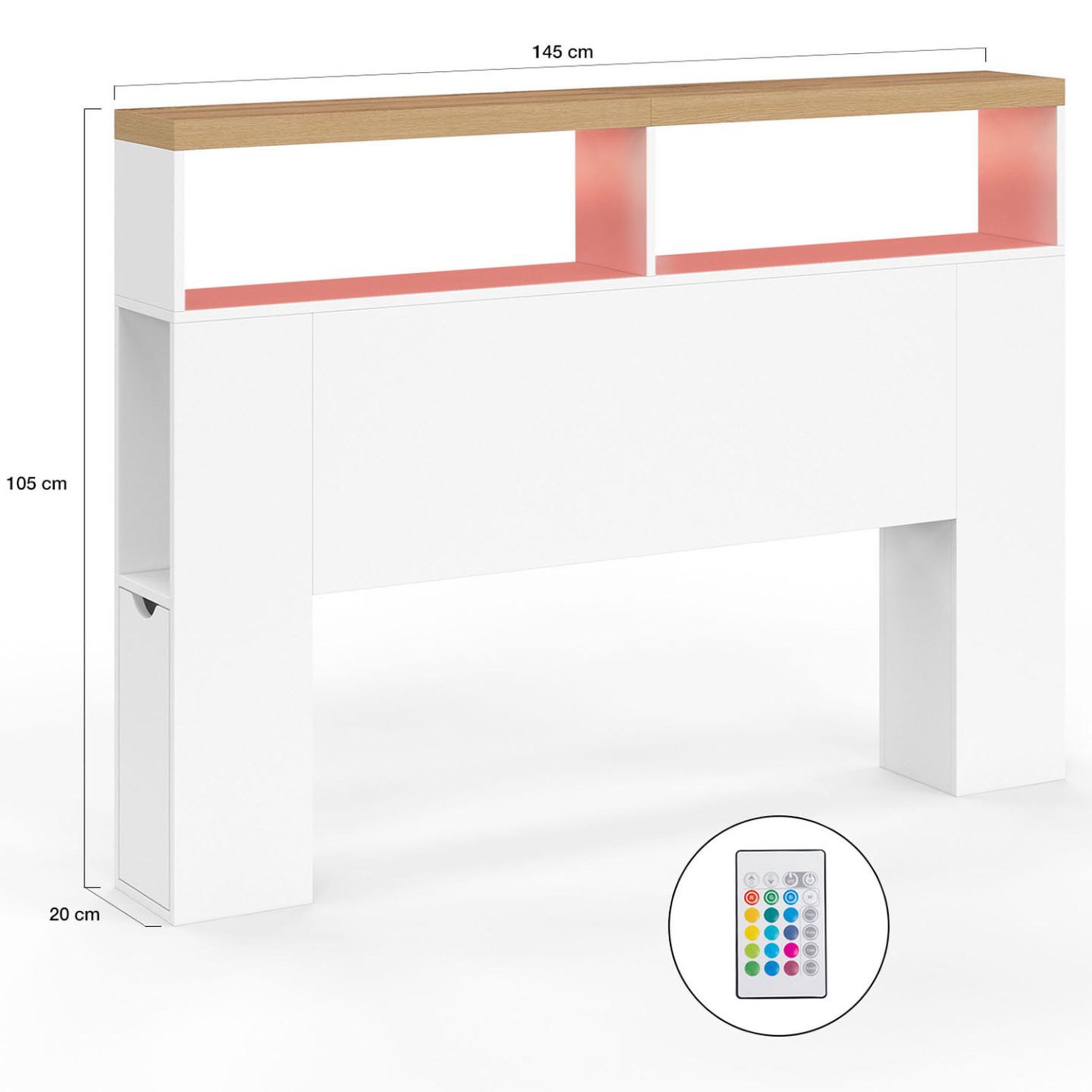 Voir la diapositive 5 : ID MARKET Tête de lit sur pied luna à leds 145 cm avec rangements fermés et niches blanc et plateau effet bois