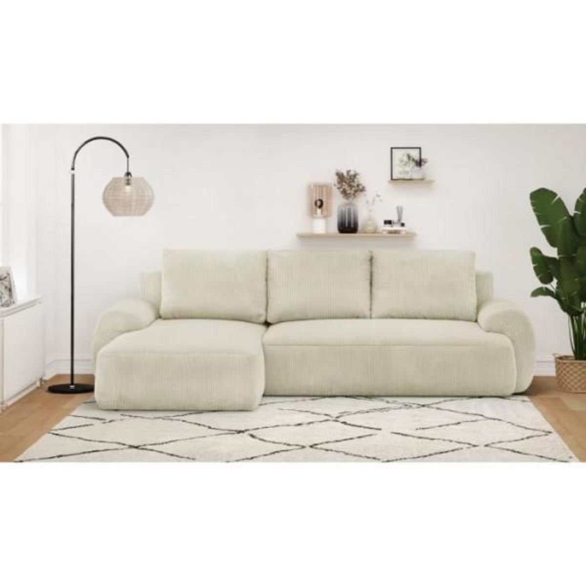 MARKET24 Canapé d'angle gauche convertible 4/5 places MILO - Velours côtelés beige - Coffre de rangement - L 264 x H 84 x P 99/145 cm