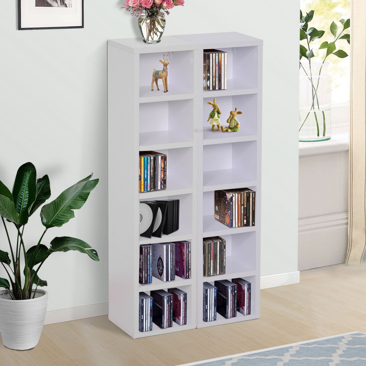 HOMCOM Lot de 2 étagères colonnes armoire de rangement CD-DVD 6 + 6 compartiments dim. 21L x 19l x 88H cm capacité max. 204 CD blanc