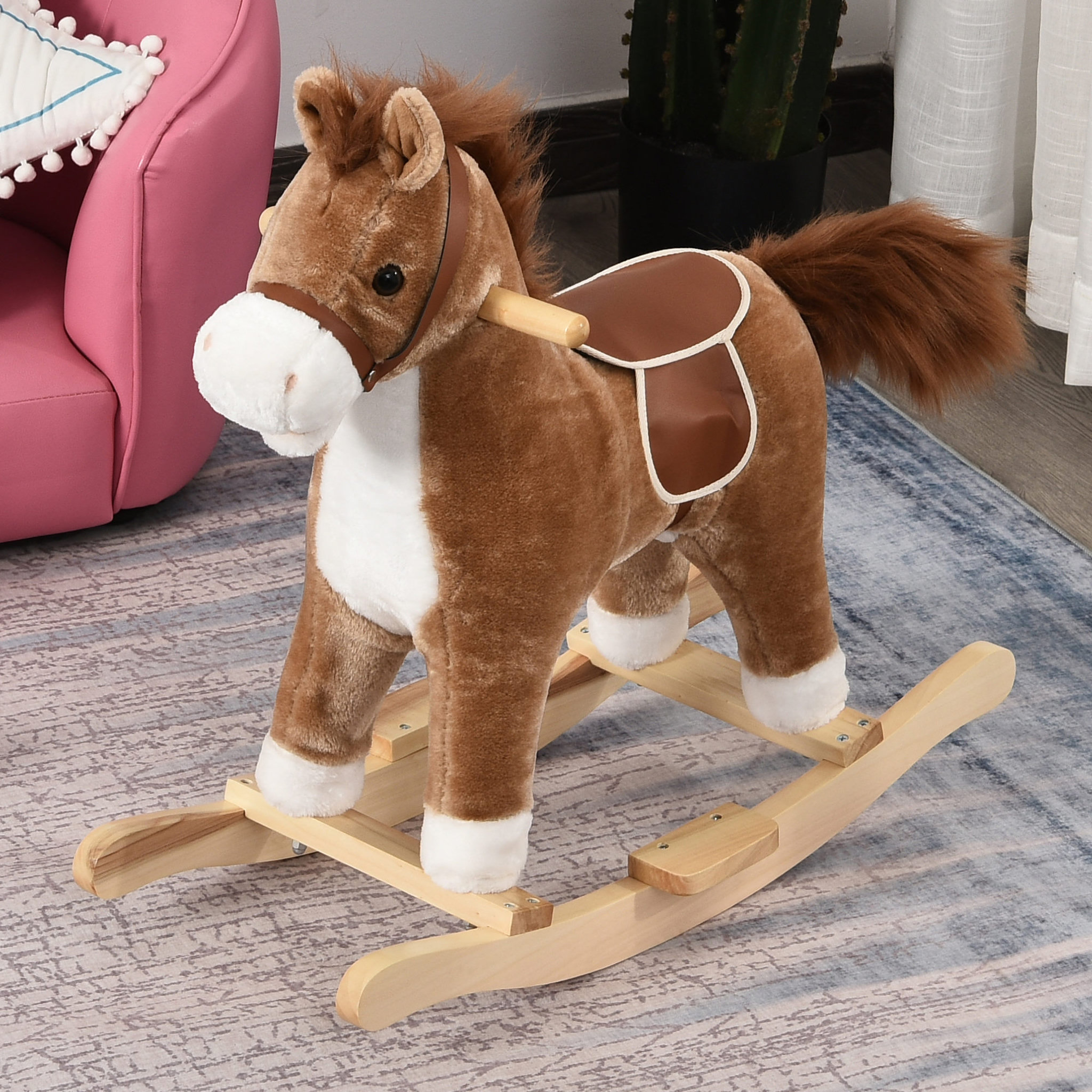 Voir la diapositive 2 : HOMCOM Cheval à bascule selle grand confort peluche courte douce bois peuplier brun dim. 65L x 32,5l x 61H cm