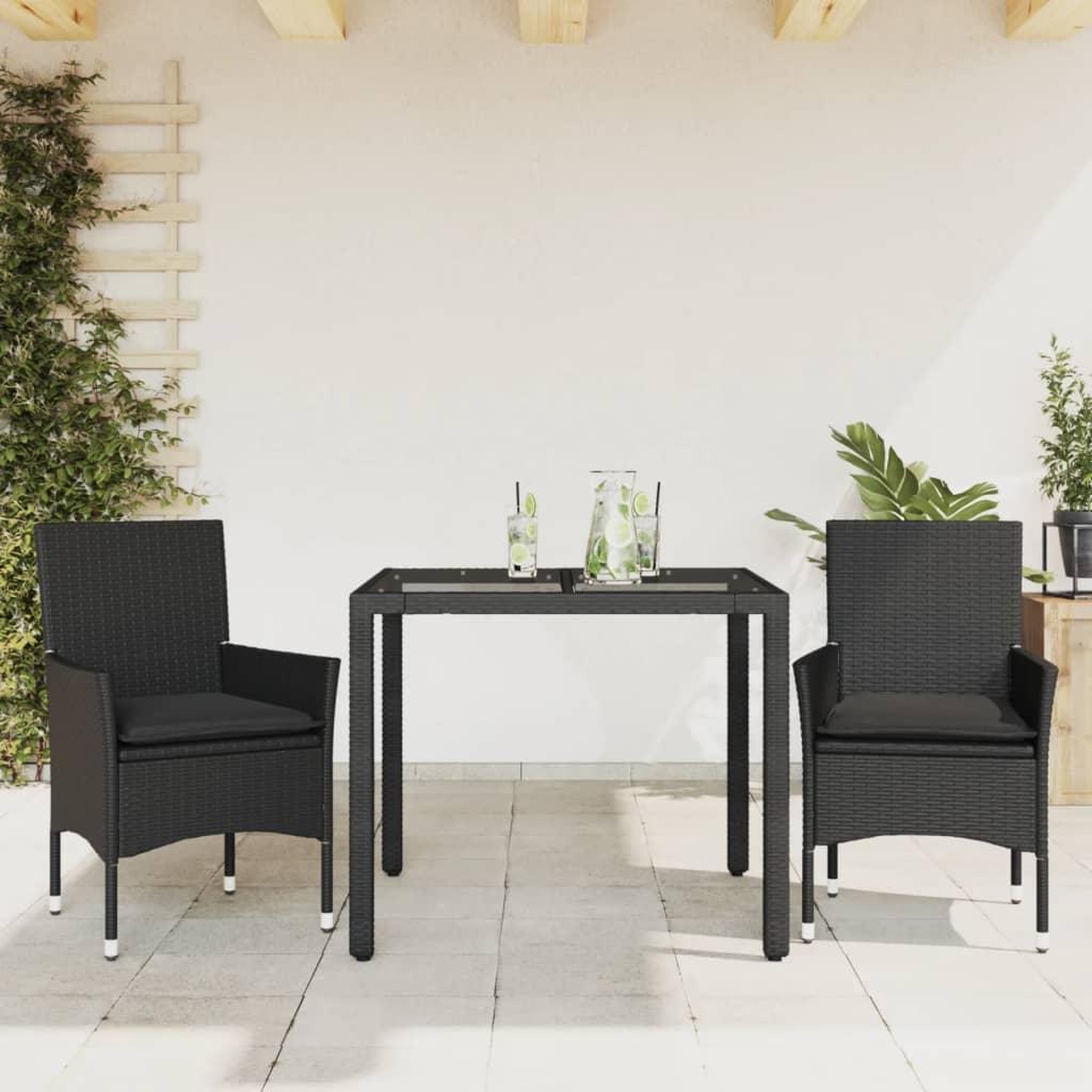 VIDAXL Ensemble a manger de jardin et coussins 3 pcs noir rotin verre