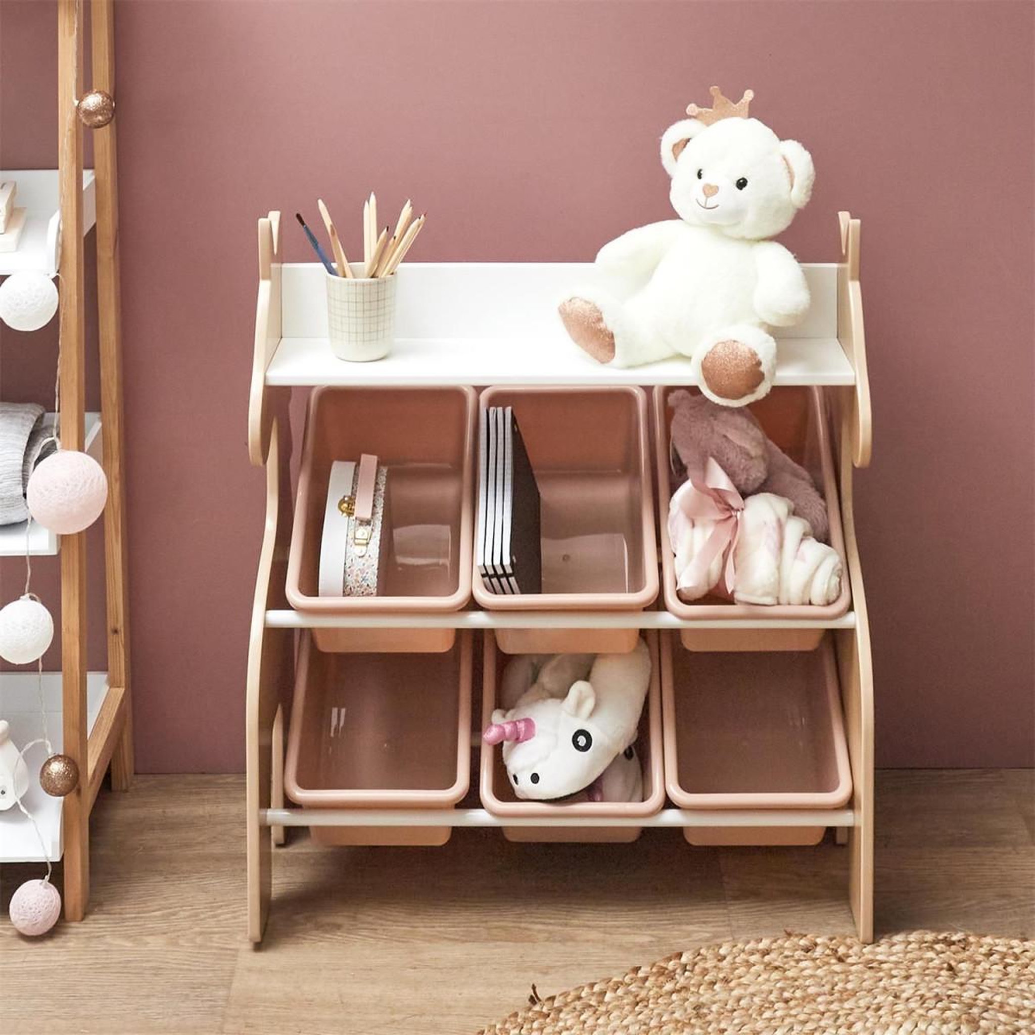 Voir la diapositive 3 : HOME DECO KIDS Meuble de rangement 6 bacs  licorne  71cm rose