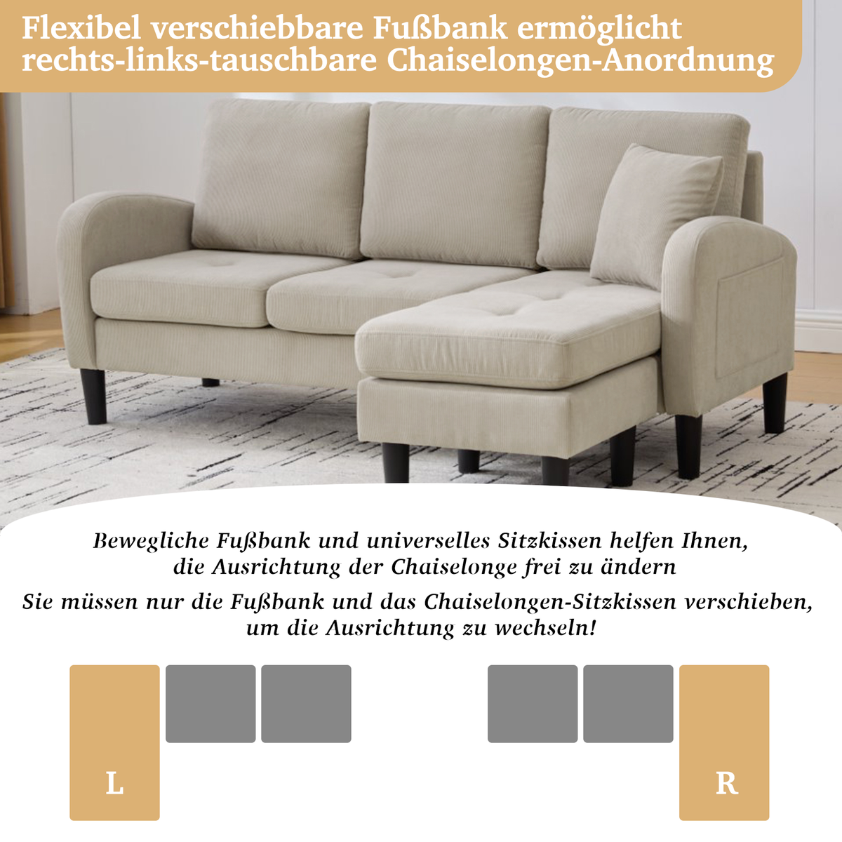 MERAX Canapé d'angle réversible fixe 3 places tissu