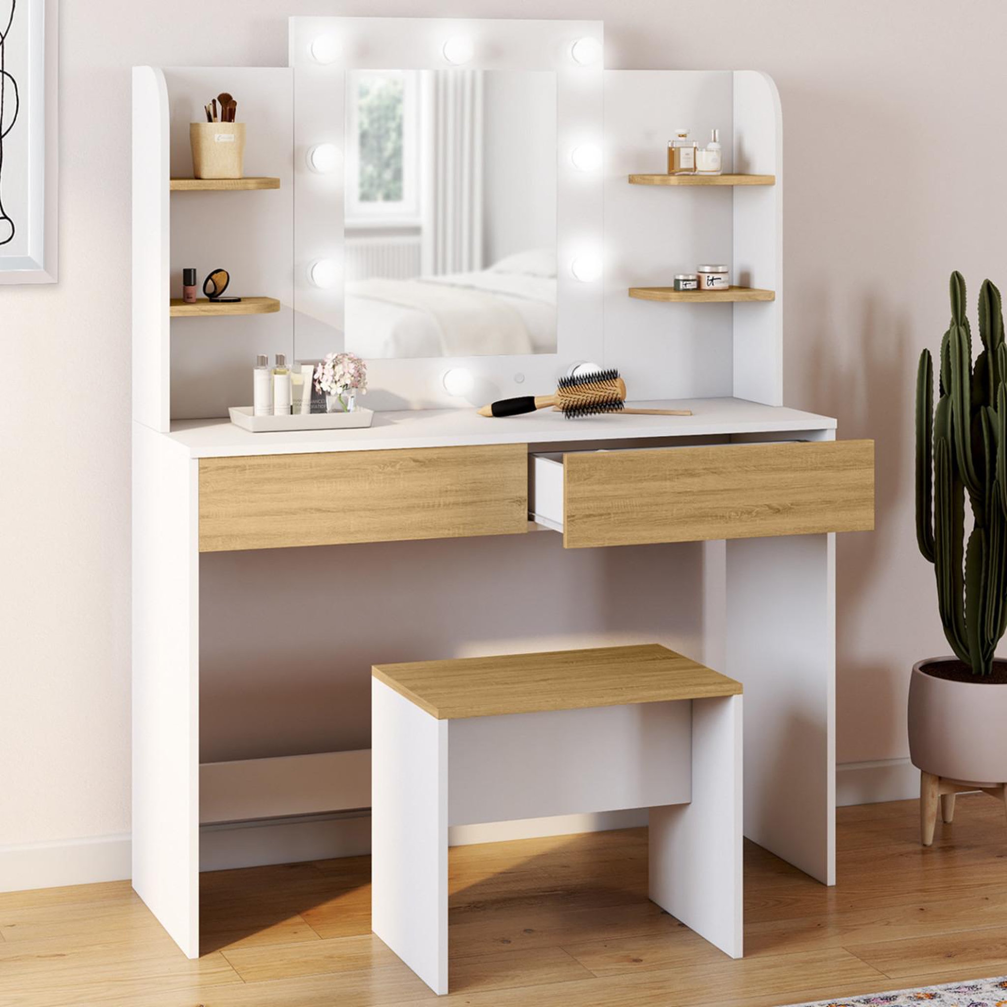 Voir la diapositive 2 : ID MARKET Coiffeuse zelia blanc et hêtre table de maquillage 4 étagères, miroir led et tabouret