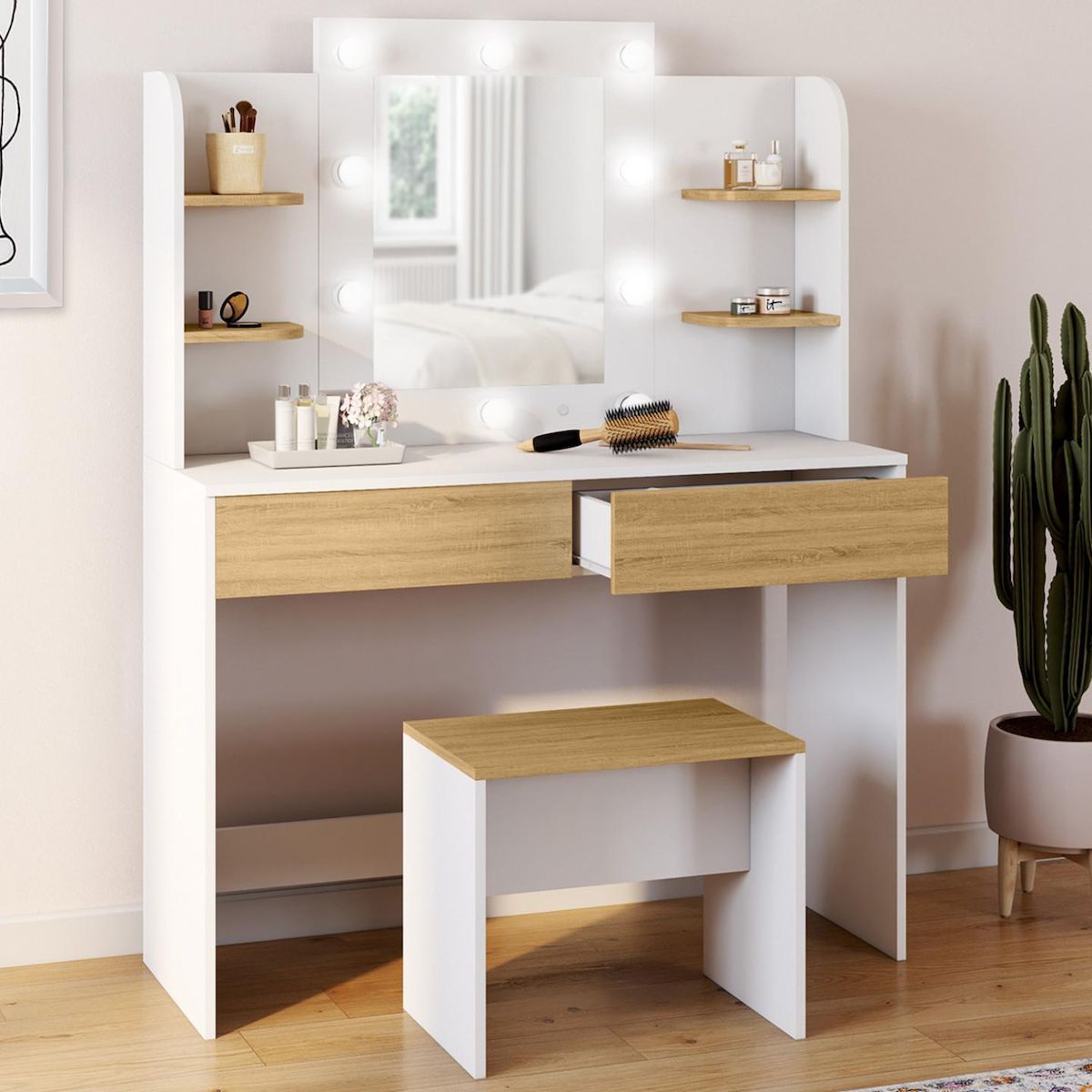 ID MARKET Coiffeuse ZELIA blanc et hêtre table de maquillage 4 étagères, miroir LED et tabouret
