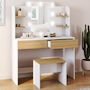 Voir la diapositive 2 : ID MARKET Coiffeuse ZELIA blanc et hêtre table de maquillage 4 étagères, miroir LED et tabouret
