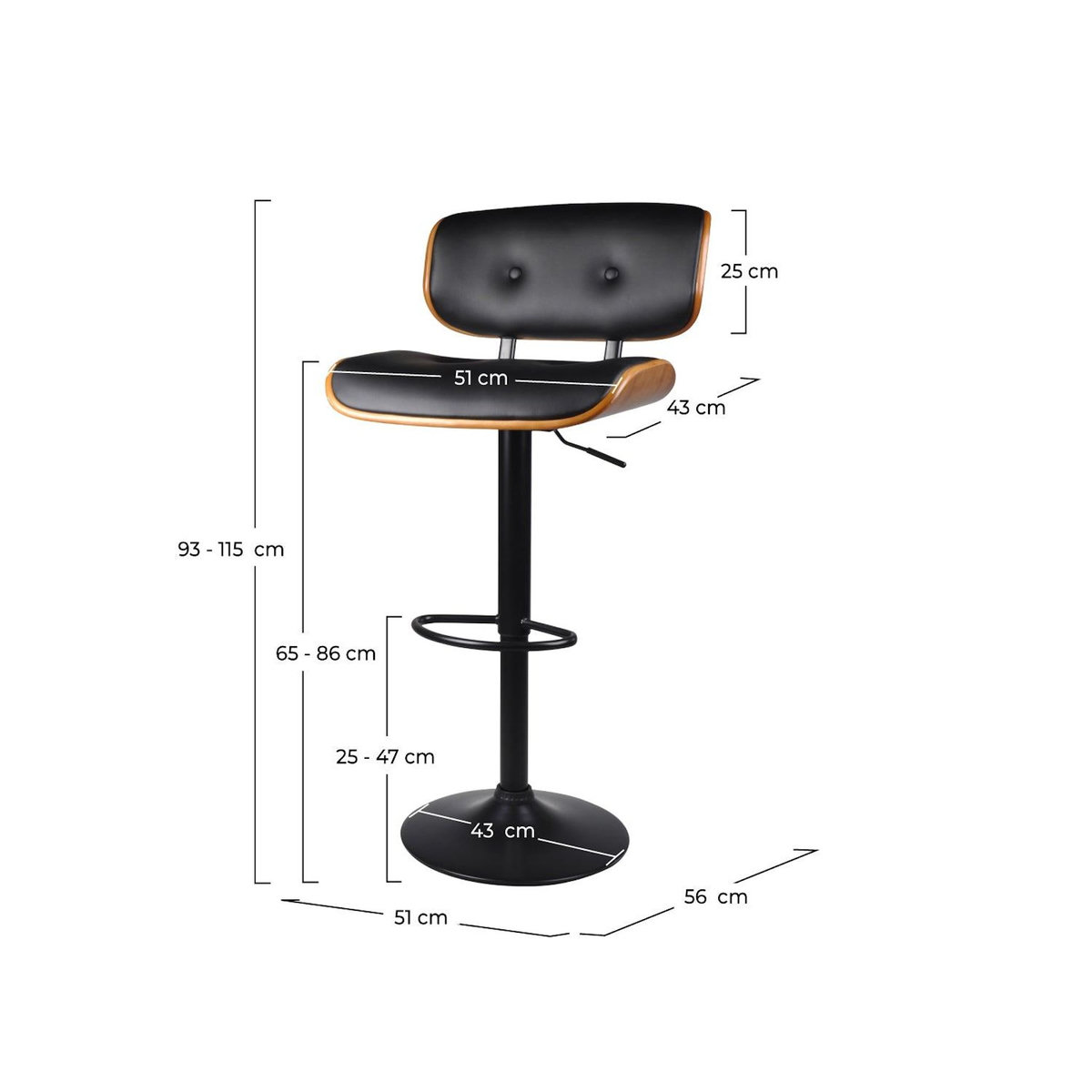 Rendez vous déco Chaise de bar réglable 65/86 cm en cuir synthétique noir-Melchior