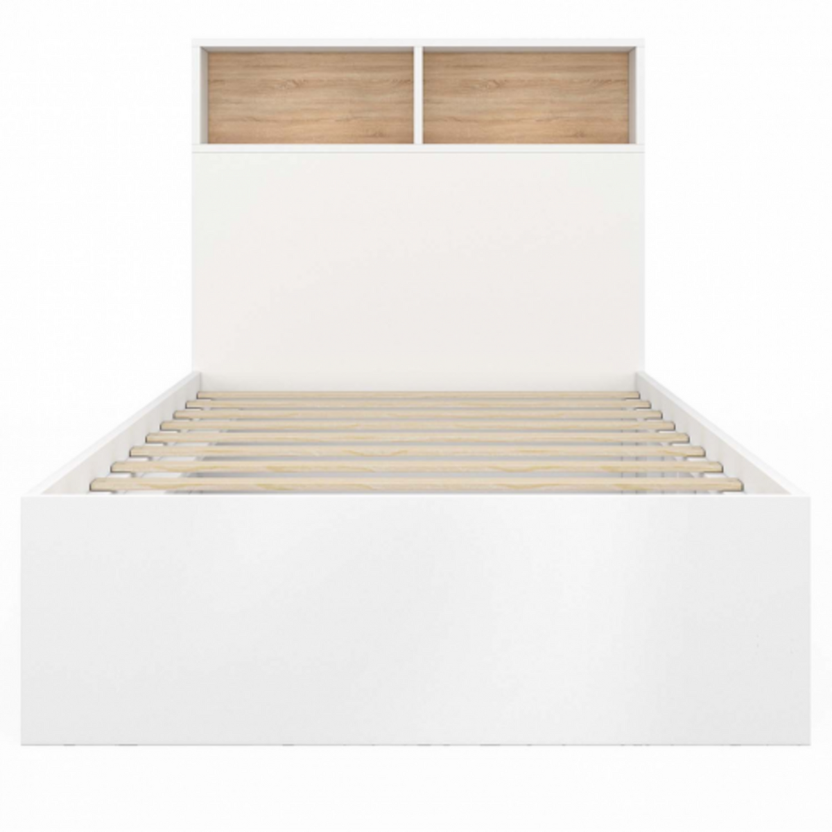 ID MARKET Lit simple CLEM avec rangement, tête de lit et sommier 90 x 190 cm blanc et hêtre