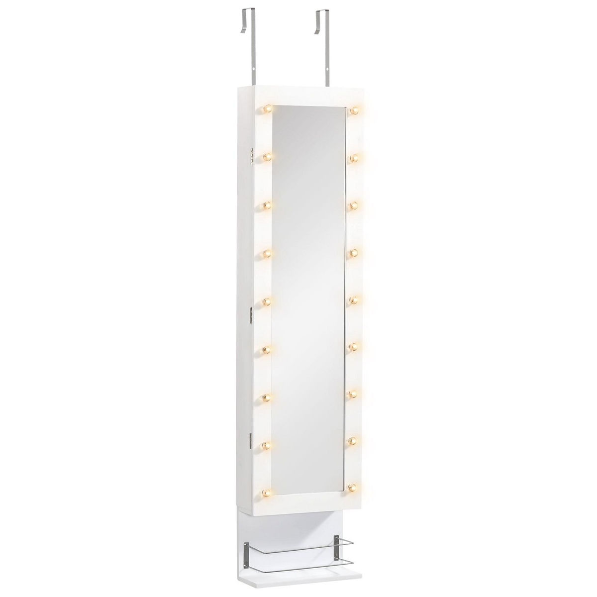 HOMCOM Armoire à bijoux avec miroir - 5 tiroirs coulissants, 2 compartiments latéraux avec crochets, rangement haut à bagues verrouillable - MDF blanc