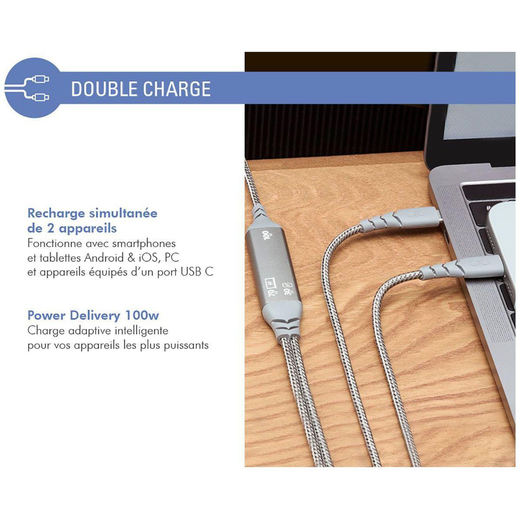 Voir la diapositive 3 : FORCE POWER Câble usb 100w usb-c/ 2 usb-c 2m gris renforcé