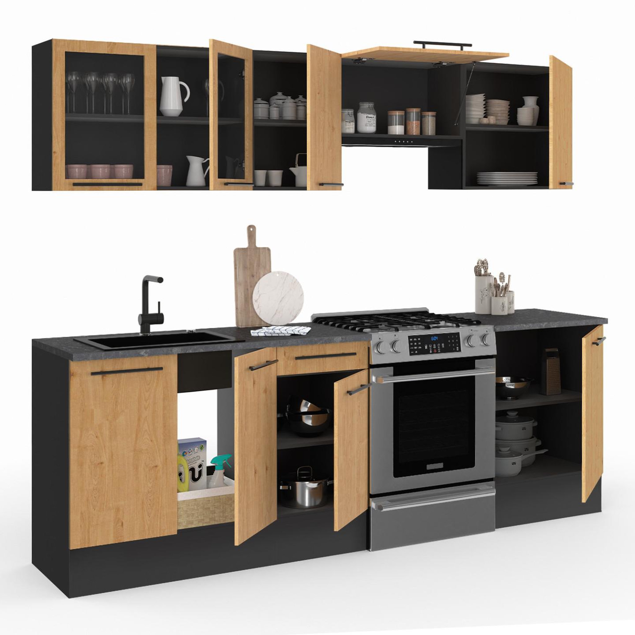 Voir la diapositive 4 : ID MARKET Cuisine complète 240 cm subtil avec vitrine + plan de travail 7 éléments noir et façon hêtre