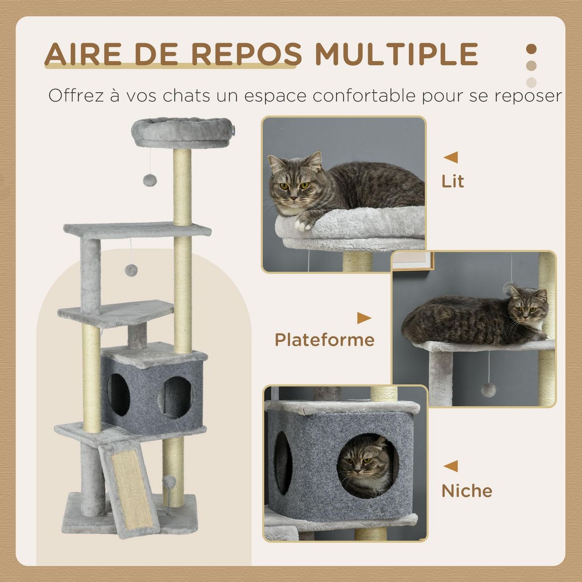 PAWHUT Arbre à chat multi-équipement griffoirs grattoirs plateformes niche panier jeu boules gris