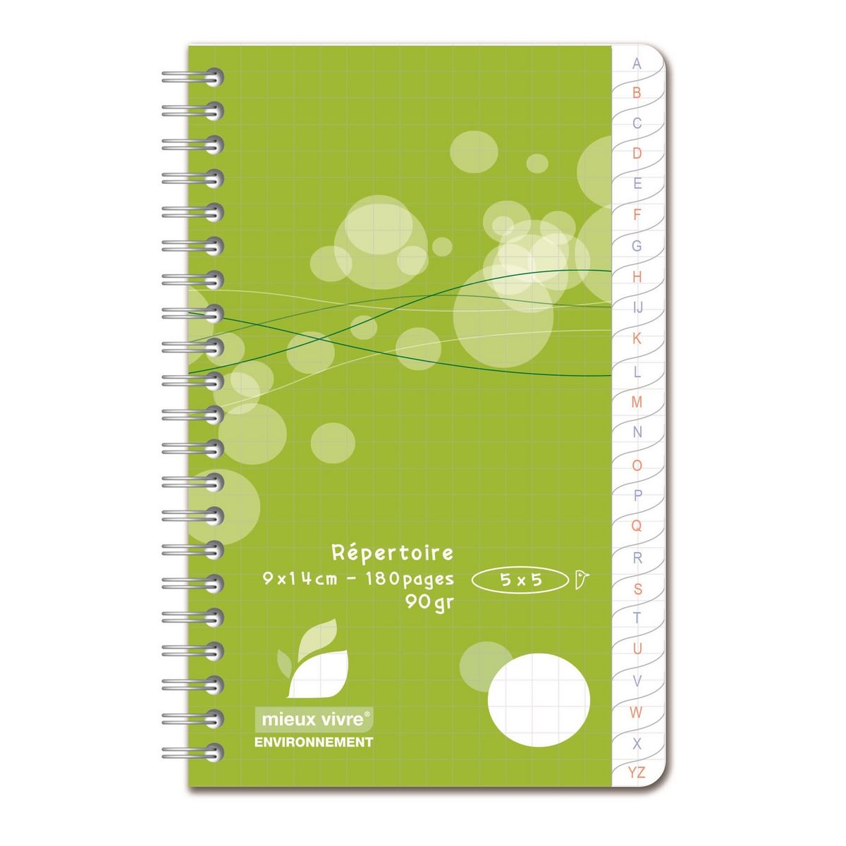 AUCHAN Répertoire polypro 9x14cm 180 pages à spirale petits carreaux 5x5 vert