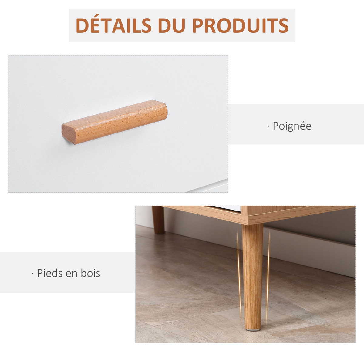 HOMCOM Commode design scandinave sur pieds 3 tiroirs coulissants pieds effilés inclinés panneaux particules blanc aspect bois clair