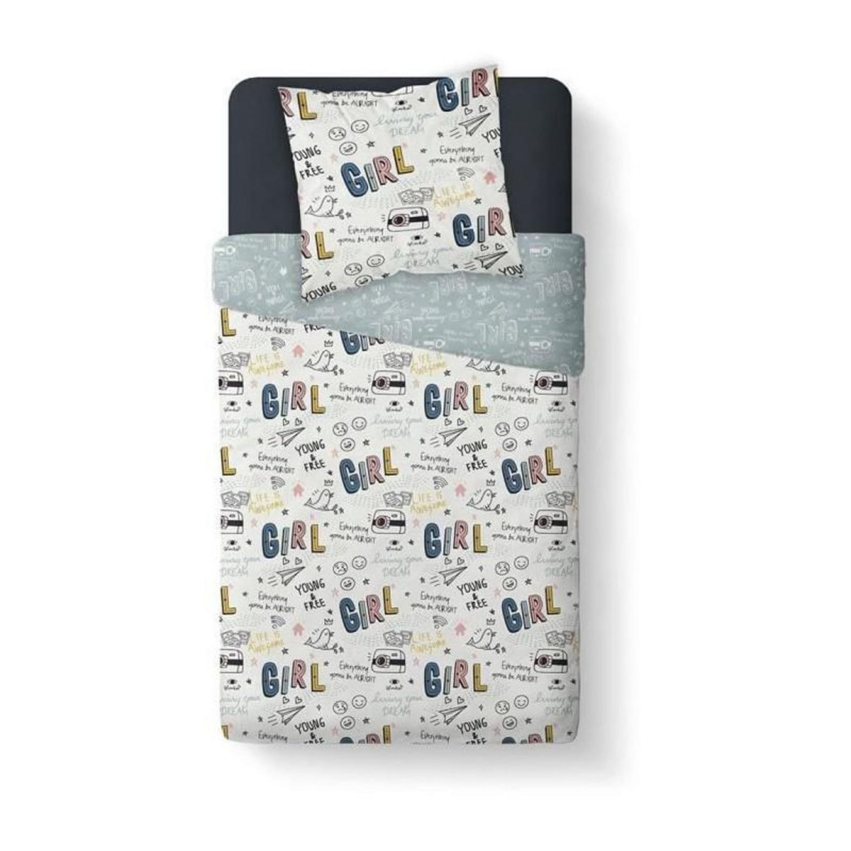 Today TODAY Parure de lit Enfant Kids First 1.11 - 1 personne - Housse de couette 140 x 200 et 1 taie doreiller 63 x 63 - Imprime blan