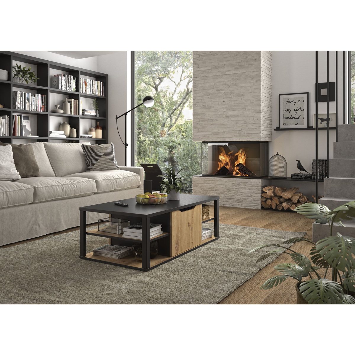 GAMI Table basse style industriel avec coffre central et étagères NEWTON