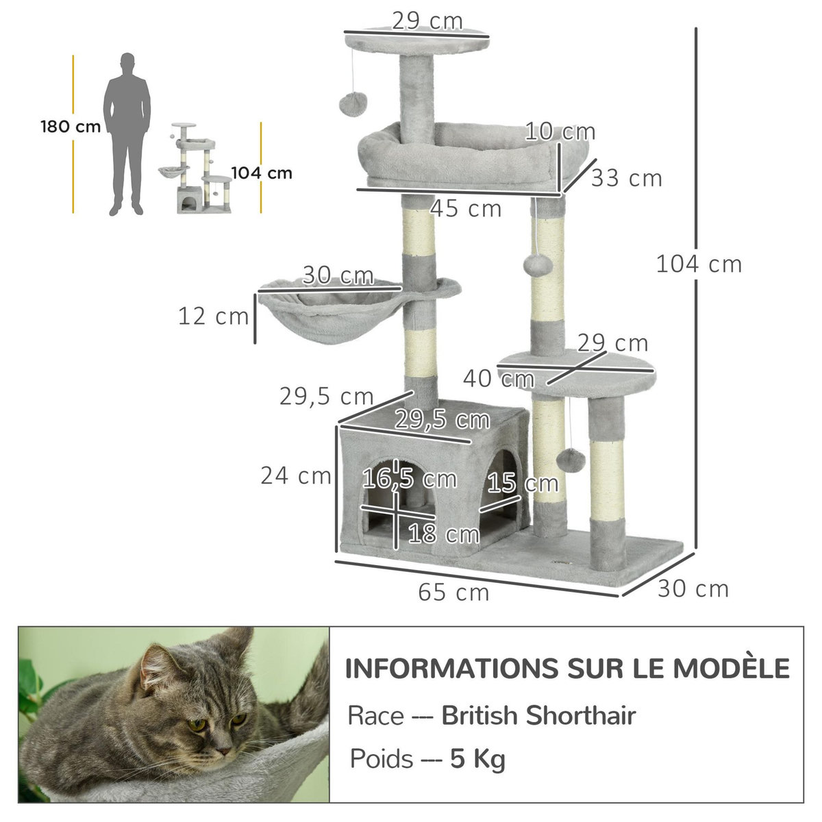 PAWHUT Arbre à chat griffoirs sisal naturel niche plateformes panier hamac jeux boules suspendues peluche gris