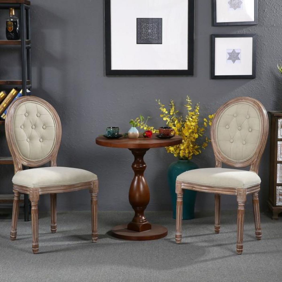 Paris Prix Lot de 2 Chaises Médaillon  Quing  Capitonné Tissu Beige