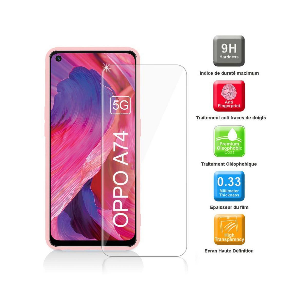 IBROZ Coque Oppo A74 5G Coque rose + Verre trempé