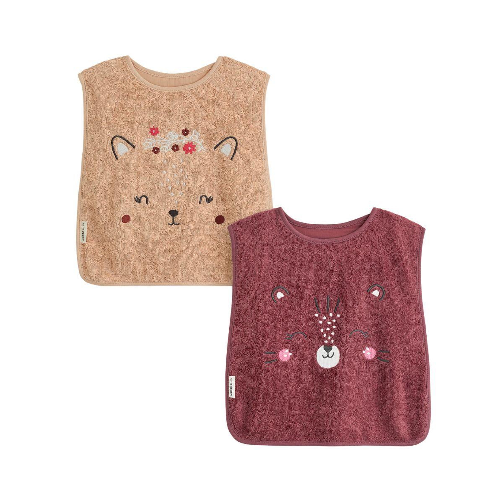 PETIT BEGUIN Lot de 2 bavoirs bébé en éponge Léa. Coloris disponibles : Rose