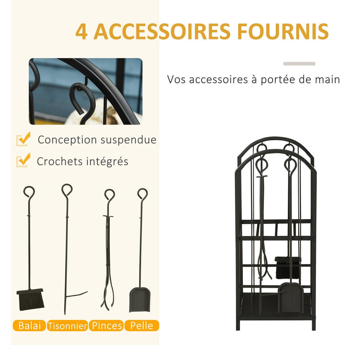 OUTSUNNY Serviteur de cheminée - porte bûches - range bûches multi-accessoires 2 étagères métal noir