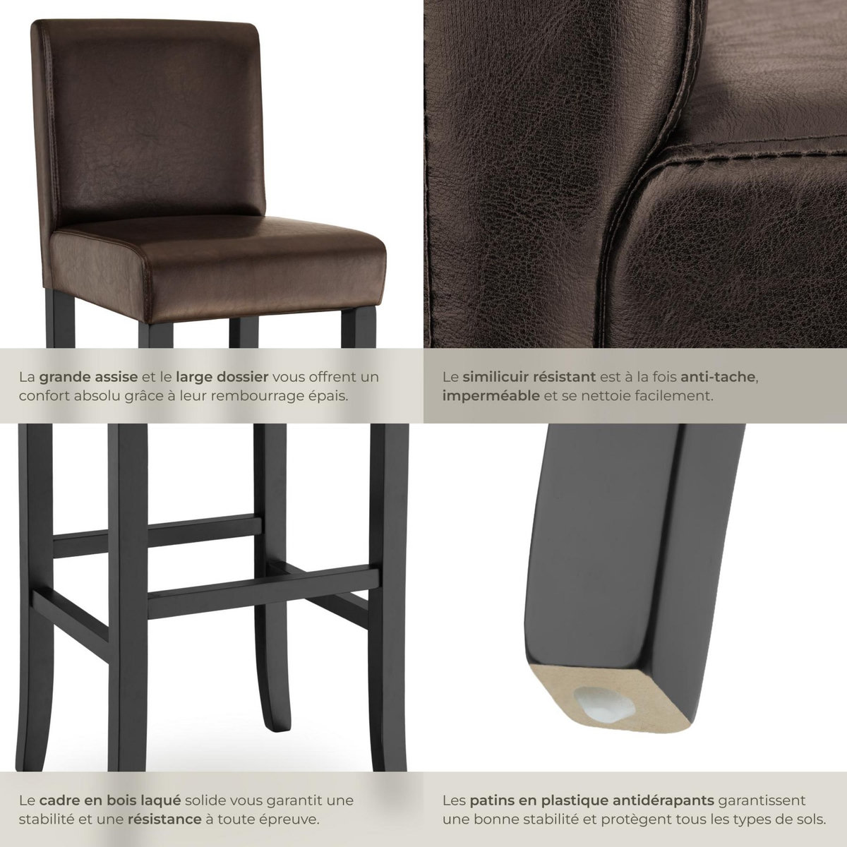tectake Tabouret de bar rembourré avec dossier marron lot de 4