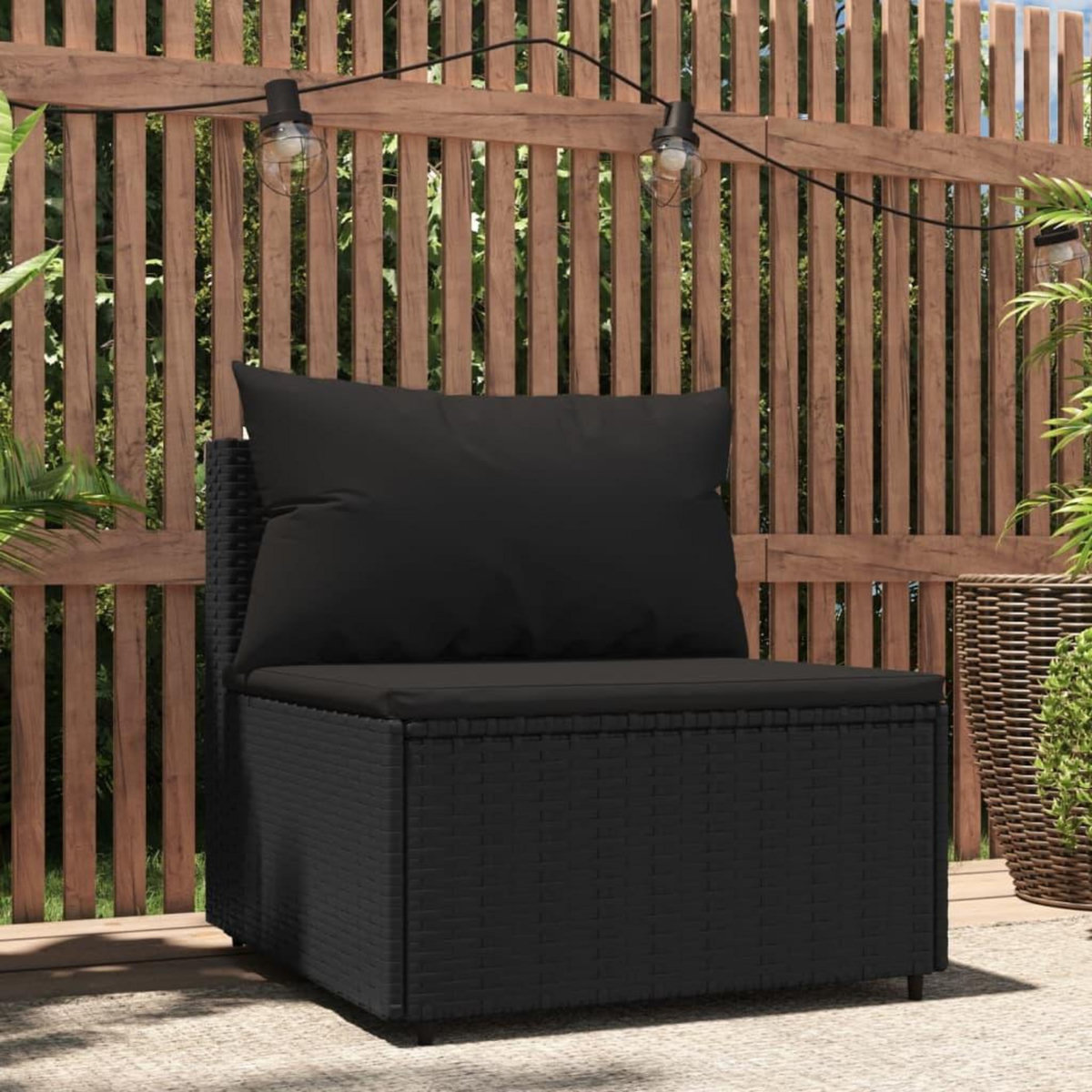 VIDAXL Canape central de jardin avec coussins noir resine tressee