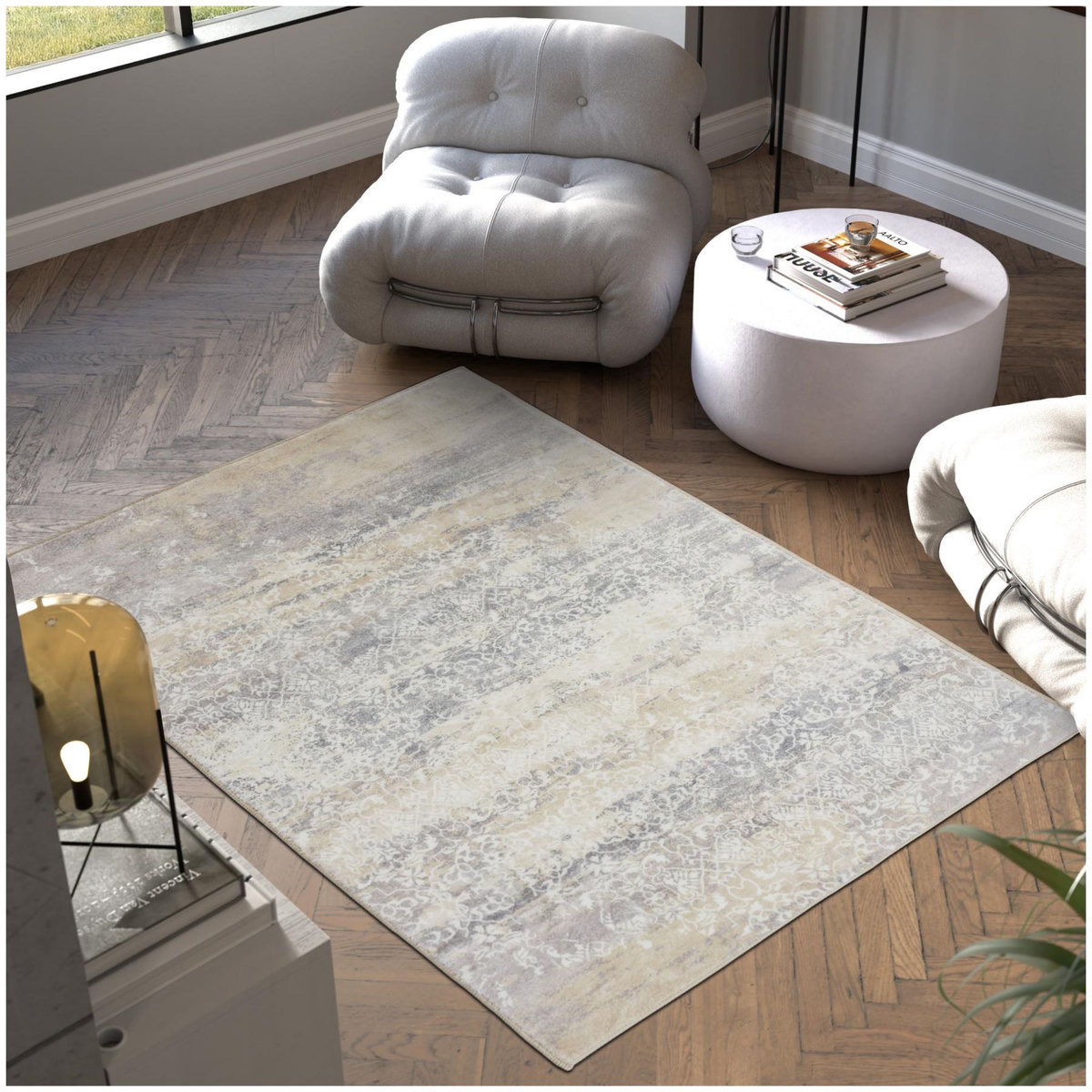 tectake Tapis design vintage à poils courts en laine synthétique et feutre beige 160 x 230 cm