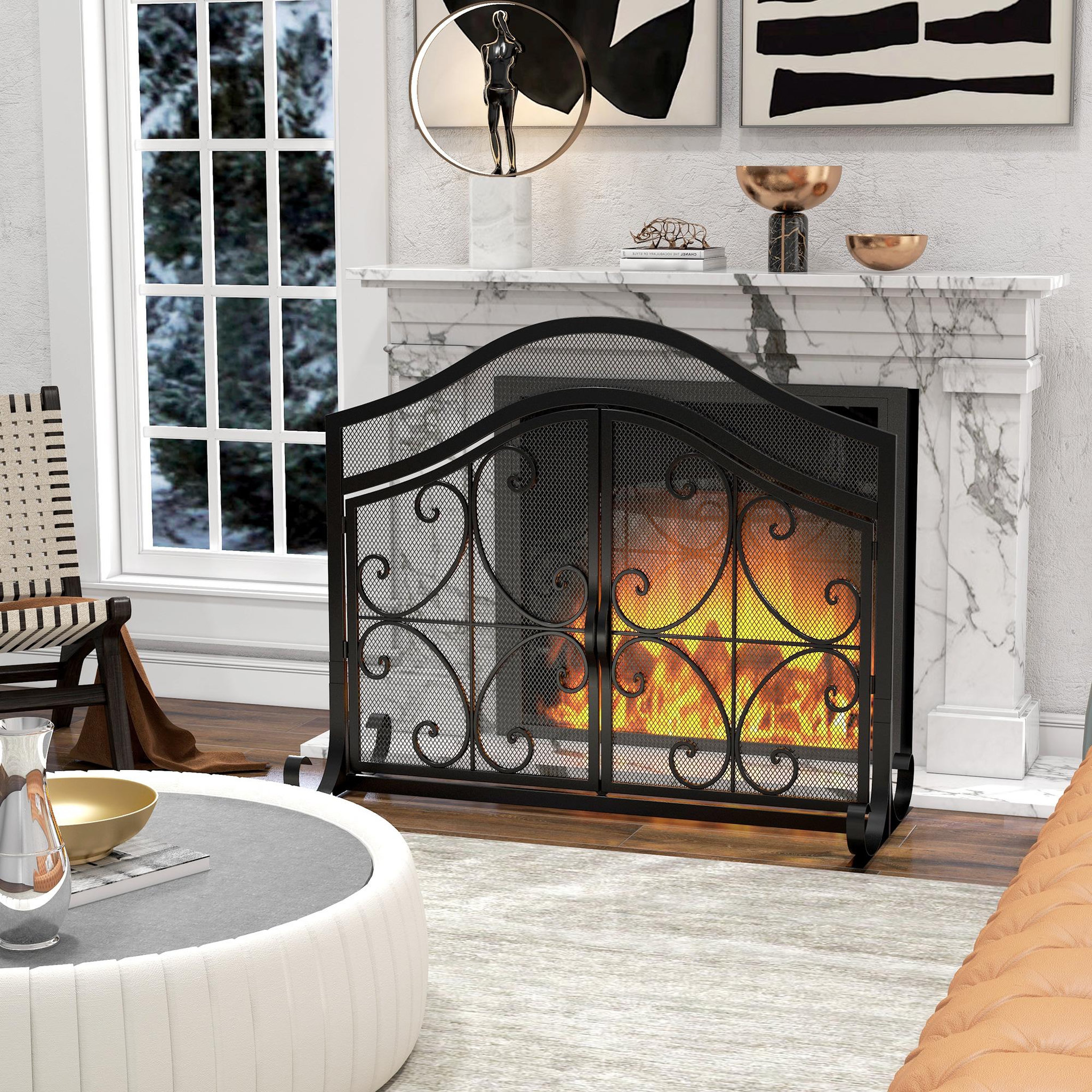 Voir la diapositive 4 : HOMCOM Pare-feu cheminée poêle style fer forgé - pare-étincelles 2 portes - dim. 105L x 40l x 80H cm - acier métal noir
