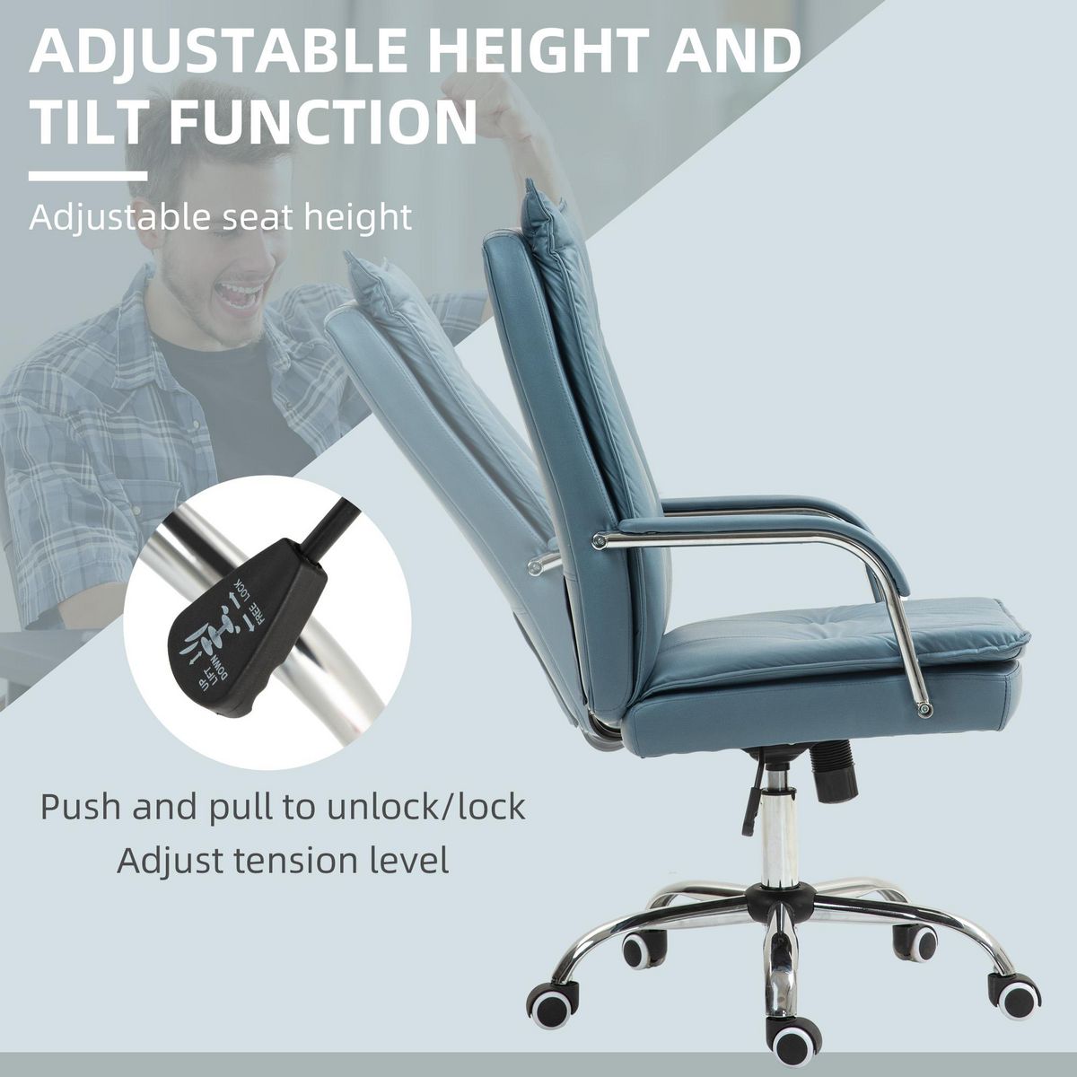 HOMCOM Chaise de bureau manager ergonomique design contemporain métal chromé tissu technique bleu