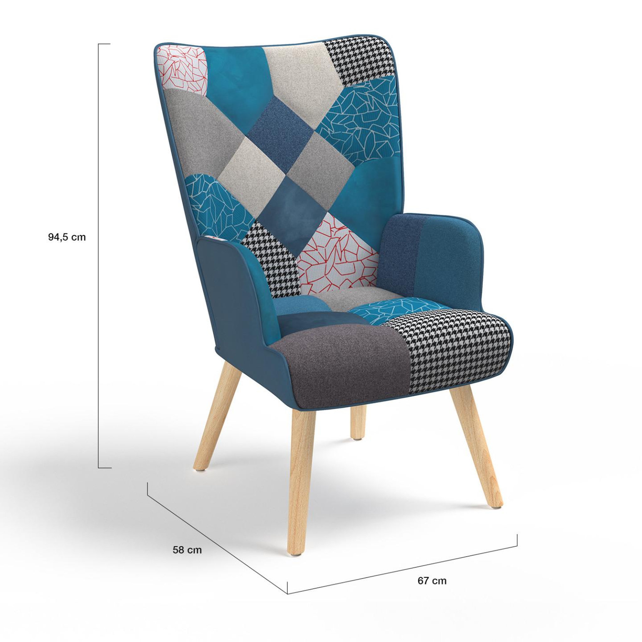 Voir la diapositive 5 : ID MARKET Fauteuil scandinave ivar en tissu patchwork et velours bleu