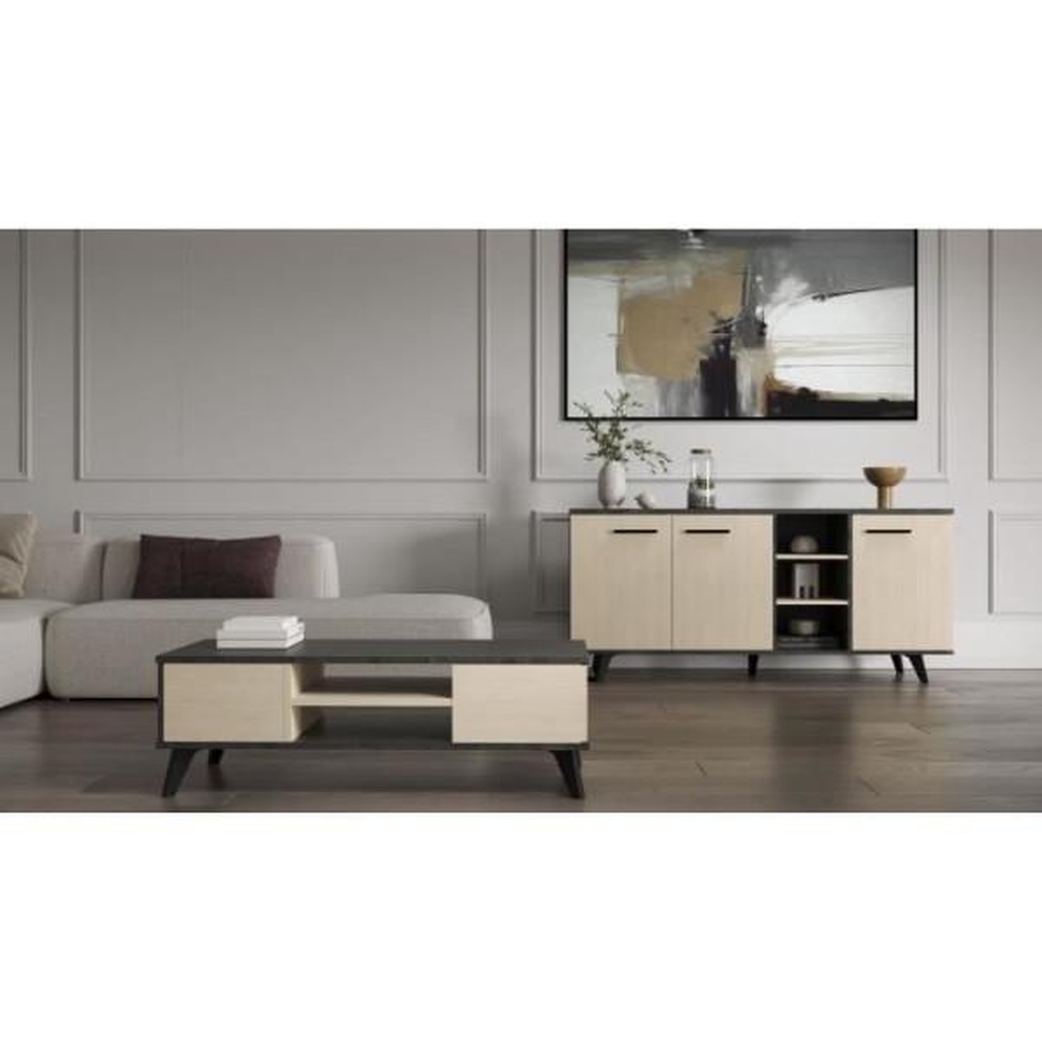 Voir la diapositive 3 : Demeyere Ensemble salon - enfilade, buffet haut, table basse - kent- chene de fil / sidewalk - demeyere