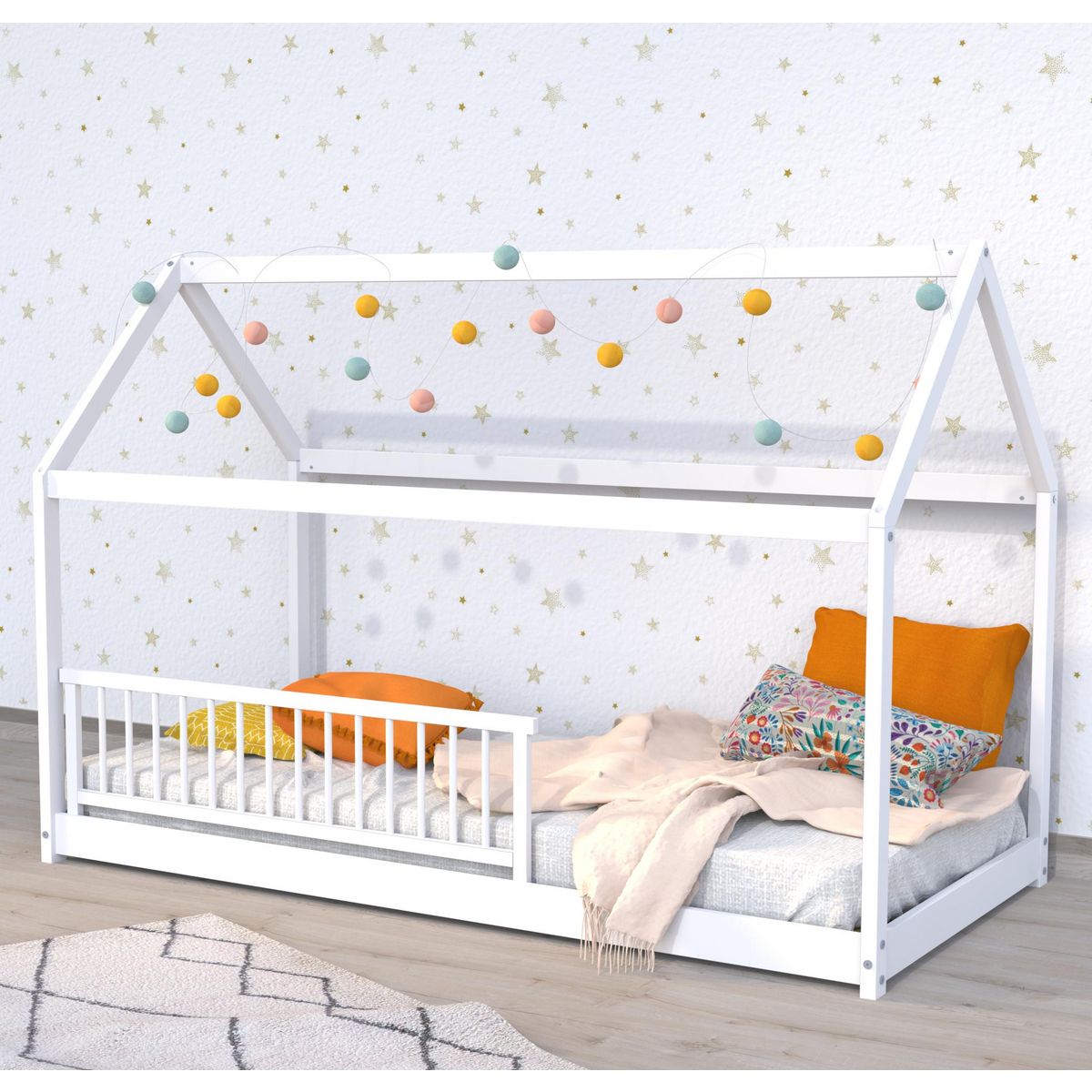 Lit cabane enfant en bois massif 90 x 190 cm avec sommier + barrière de lit LOUIS
