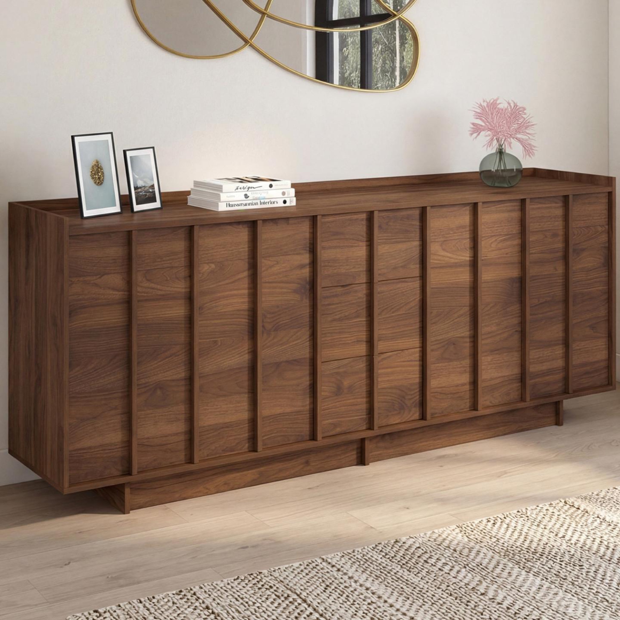 Voir la diapositive 2 : ID MARKET Buffet 200 cm rosie 4 portes et 3 tiroirs façon noyer design minimaliste