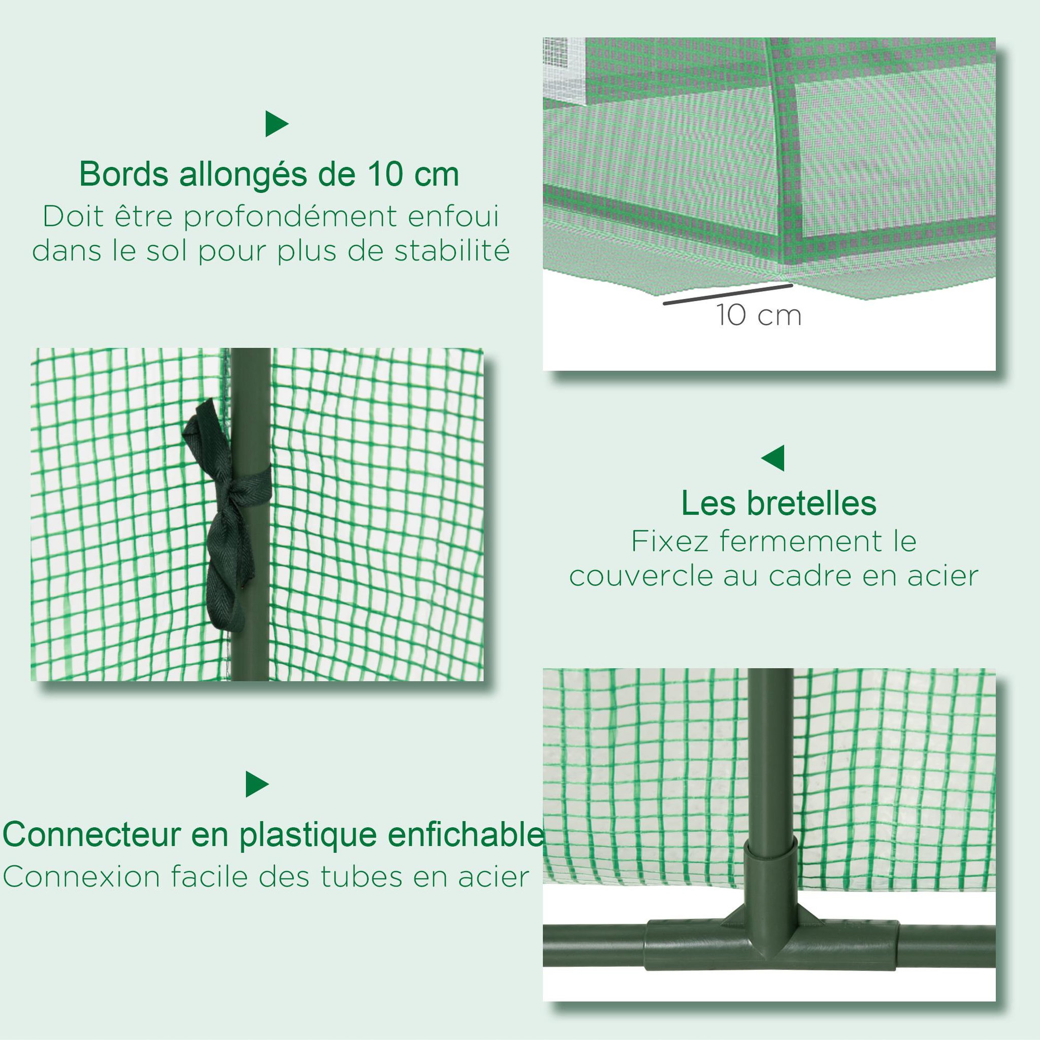 Voir la diapositive 6 : OUTSUNNY Mini serre de jardin serre à tomates dim. 300L x 80l x 45H cm acier PE 5 fenêtres zippées enroulables vert