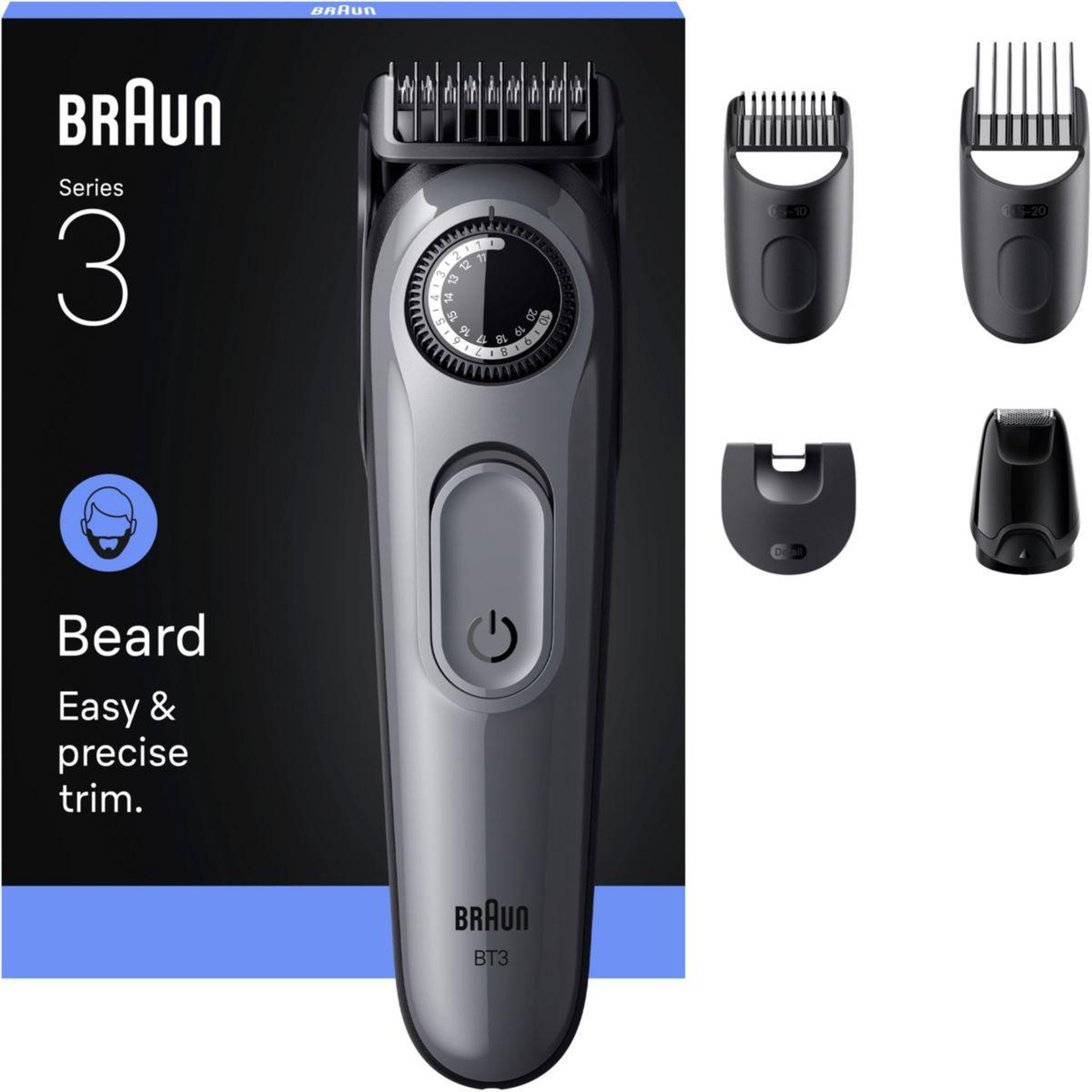 BRAUN Tondeuse barbe bt3560, molette réglable, 40 hauteurs de coupe, précision 0,5 mm, autonomie 50 mn