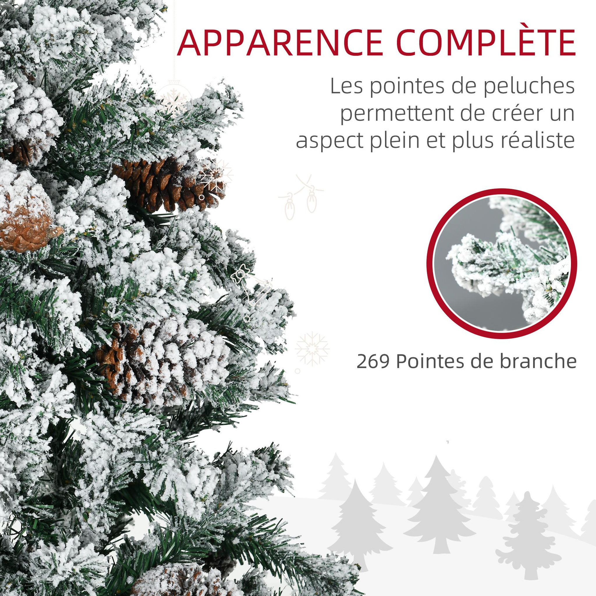 Voir la diapositive 5 : HOMCOM Sapin de Noël artificiel avec 28 pommes de pin arbre de Noël 269 branches enneigées support en acier socle pliable hauteur 120 cm vert