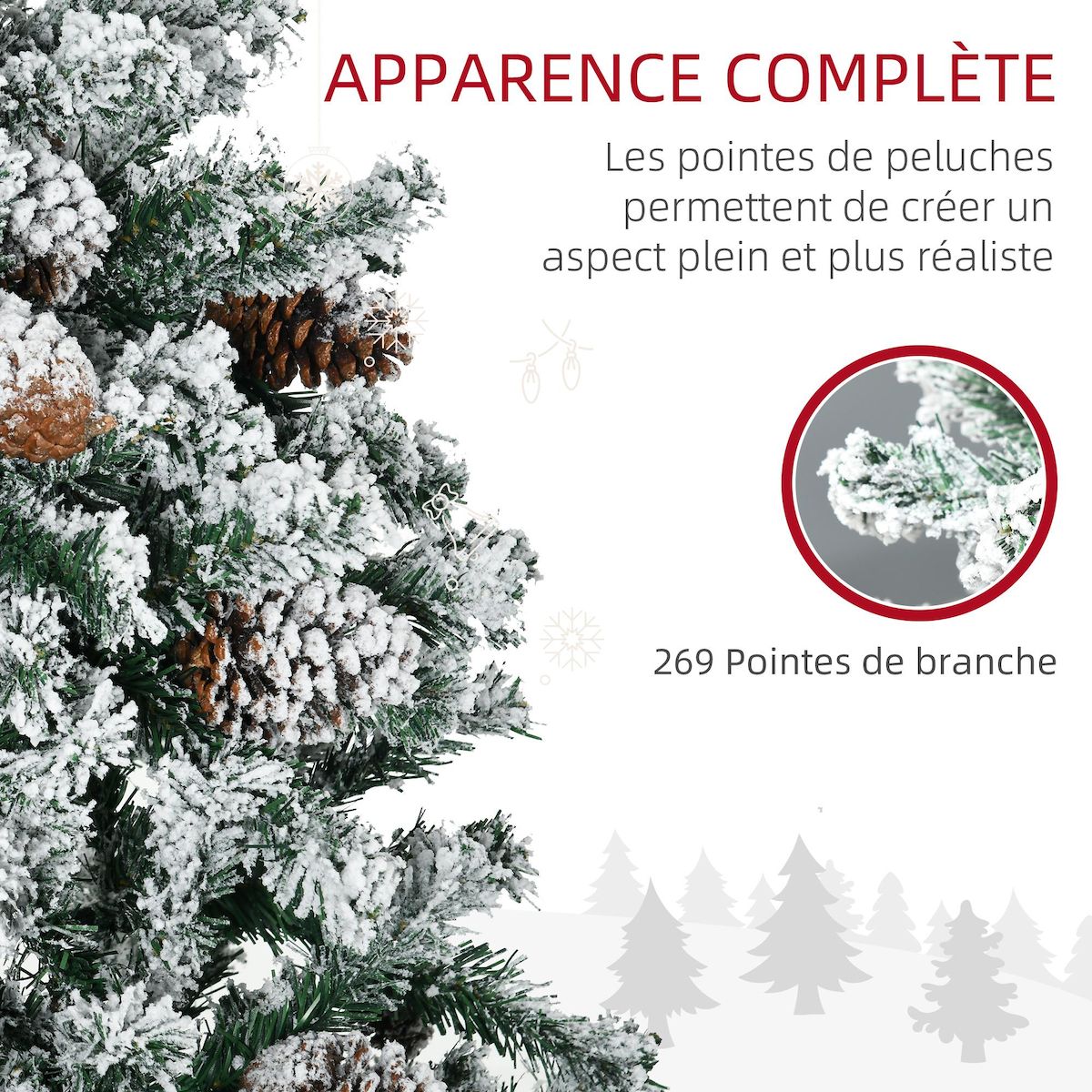 HOMCOM Sapin de Noël artificiel avec 28 pommes de pin arbre de Noël 269 branches enneigées support en acier socle pliable hauteur 120 cm vert