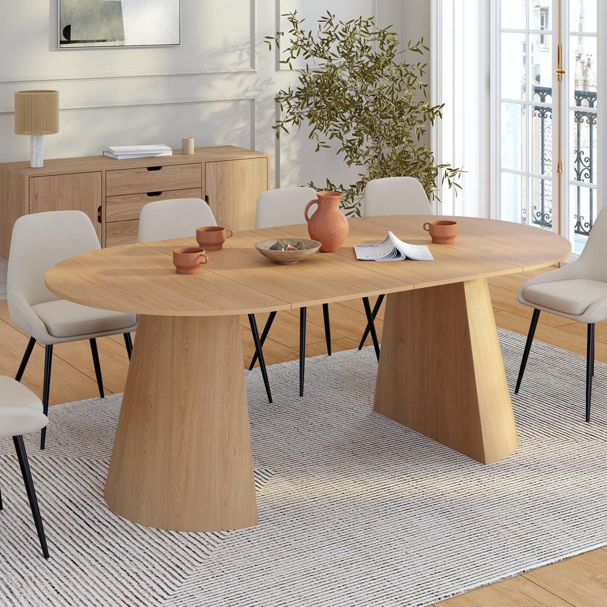 Voir la diapositive 2 : ID MARKET Table à manger ronde extensible angele 4-10 personnes bois effet hêtre 110-200 cm