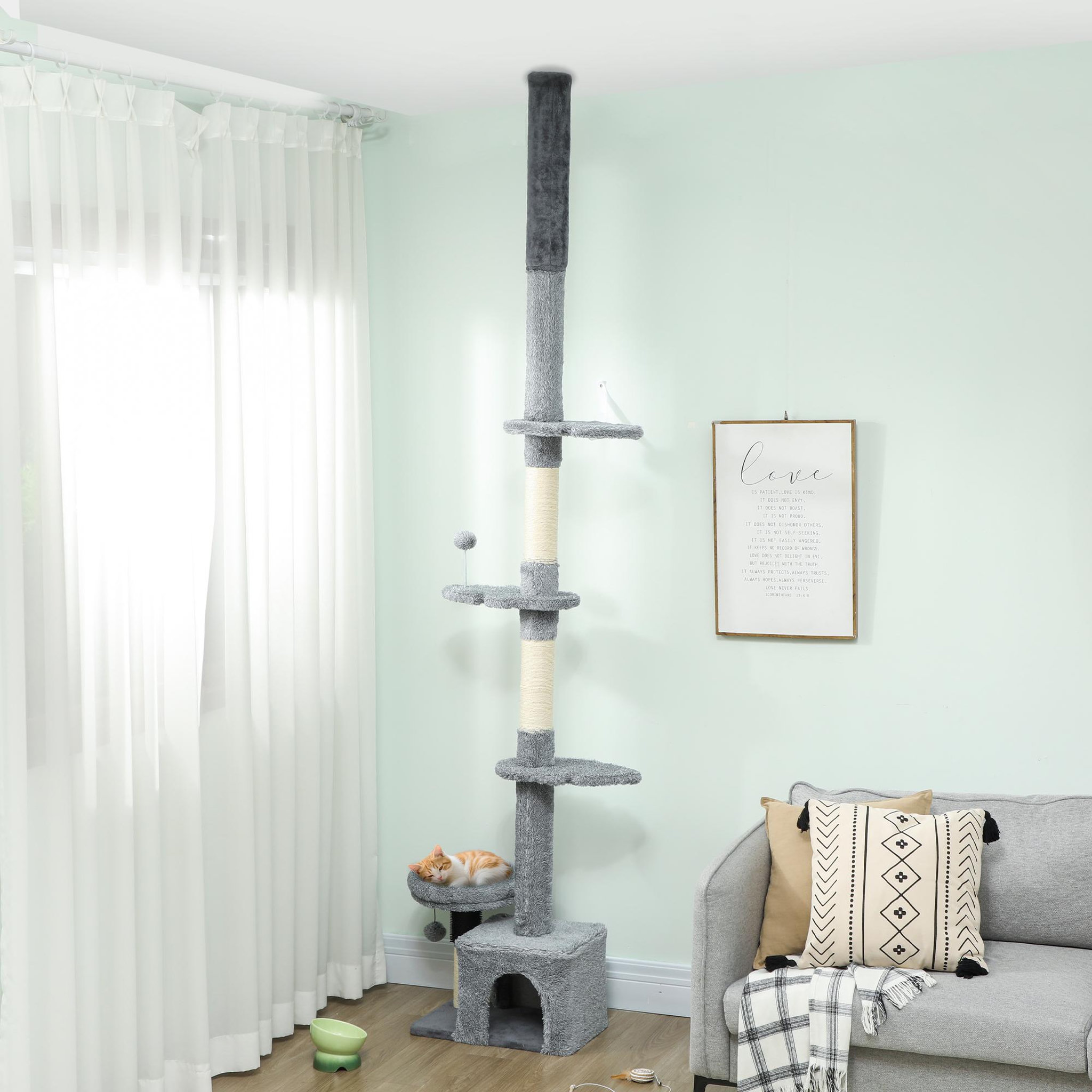 Voir la diapositive 2 : PAWHUT Arbre à chat du sol au plafond h.225-255cm - arbre à chat tour réglable - niche, plateformes, griffoirs, boules - gris