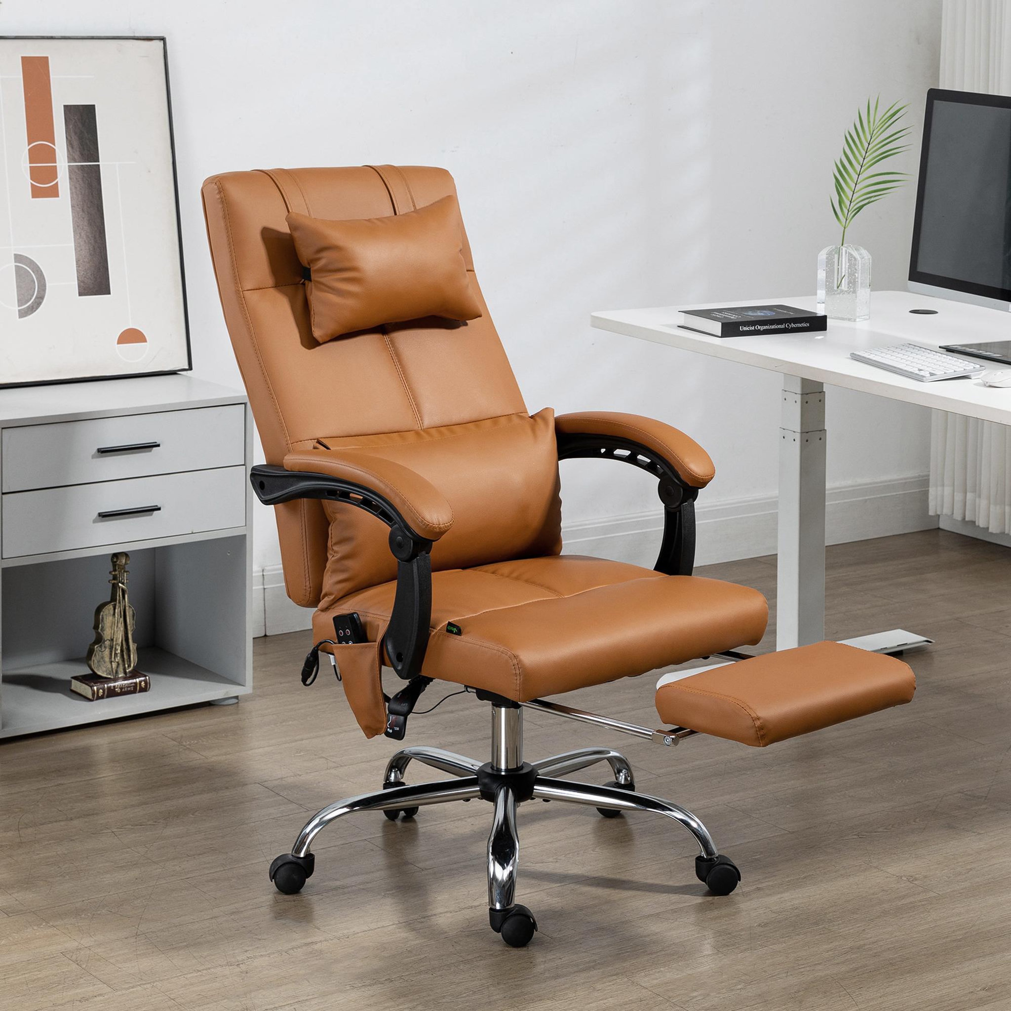 Voir la diapositive 4 : VINSETTO Fauteuil de bureau direction massant hauteur réglable dossier inclinable repose-pied intégré revêtement synthétique camel