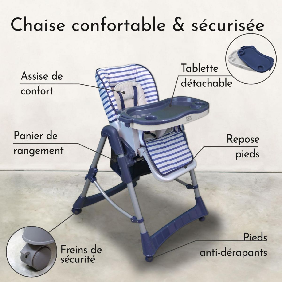 Monsieur Bébé Chaise haute bébé pliable réglable hauteur dossier tablette - Ptit