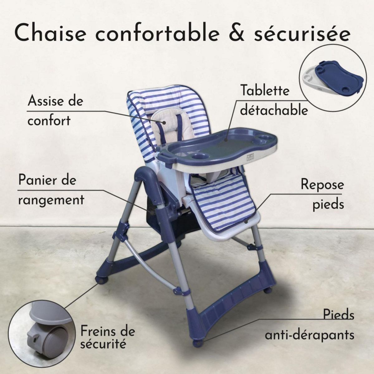 Monsieur Bébé Chaise haute bébé pliable réglable hauteur dossier tablette - Ptit