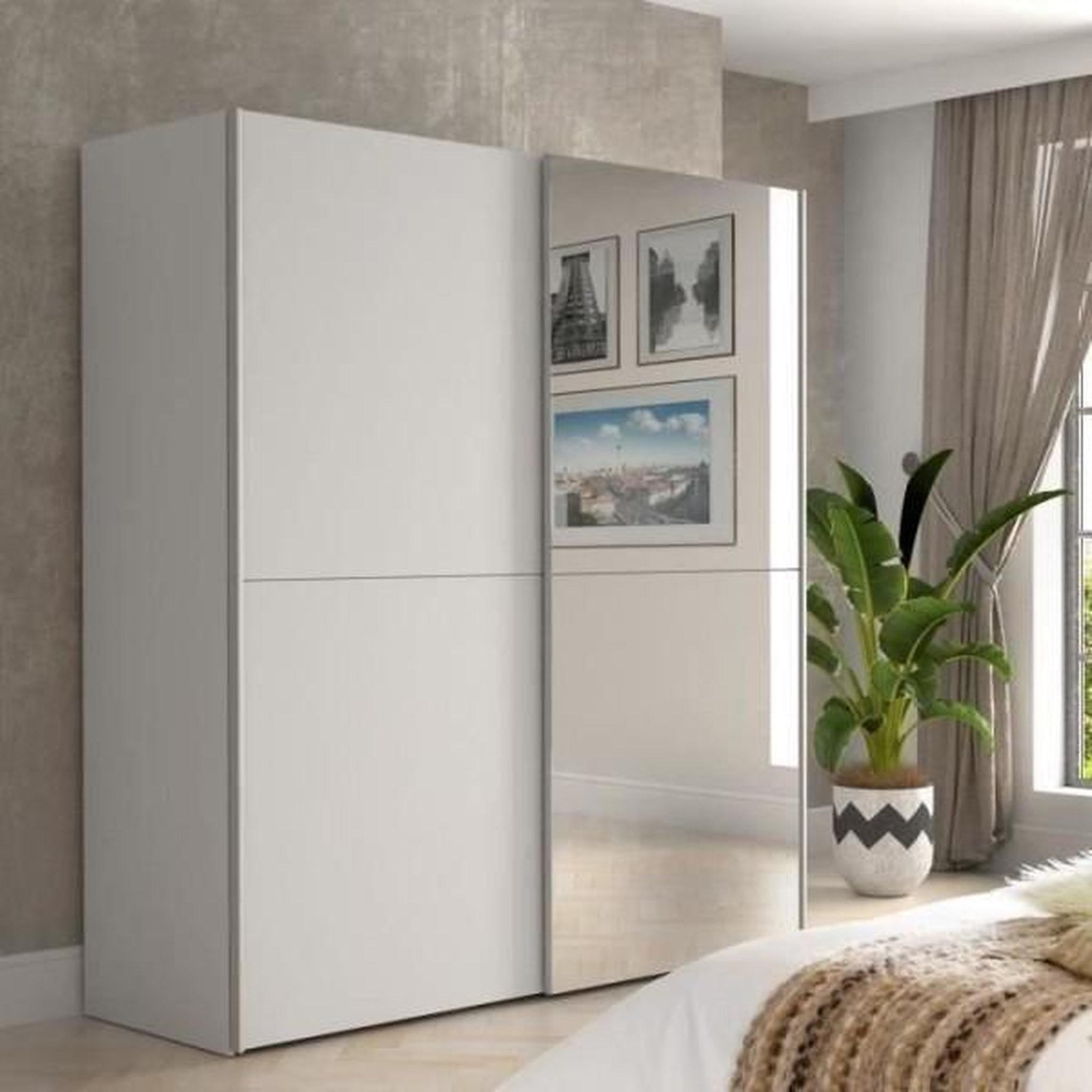 Voir la diapositive 2 : MARKET24 Armoire 2 portes coulissantes + miroir - Panneaux de particules - Blanc mat - L 170,3 x P 61,2 x H 190,5 cm - ULOS